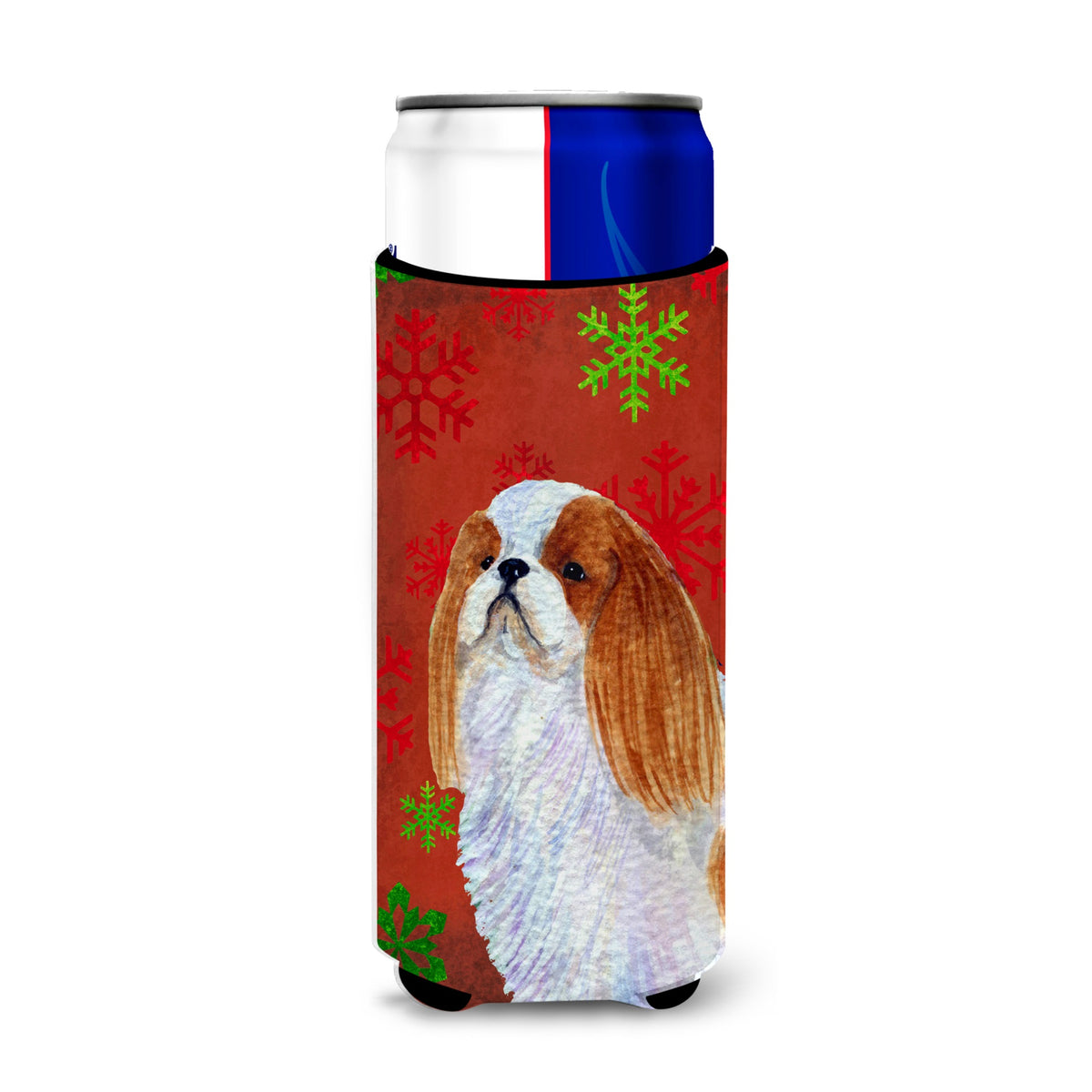 English Toy Spaniel Red And Green Snowflakes Holiday Christmas Ultra Hugger For Slim Cans