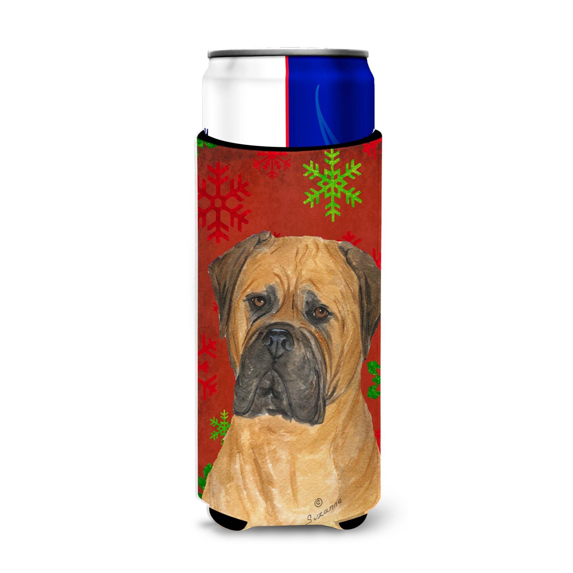 Bullmastiff Red And Green Snowflakes Holiday Christmas Ultra Hugger For Slim Cans