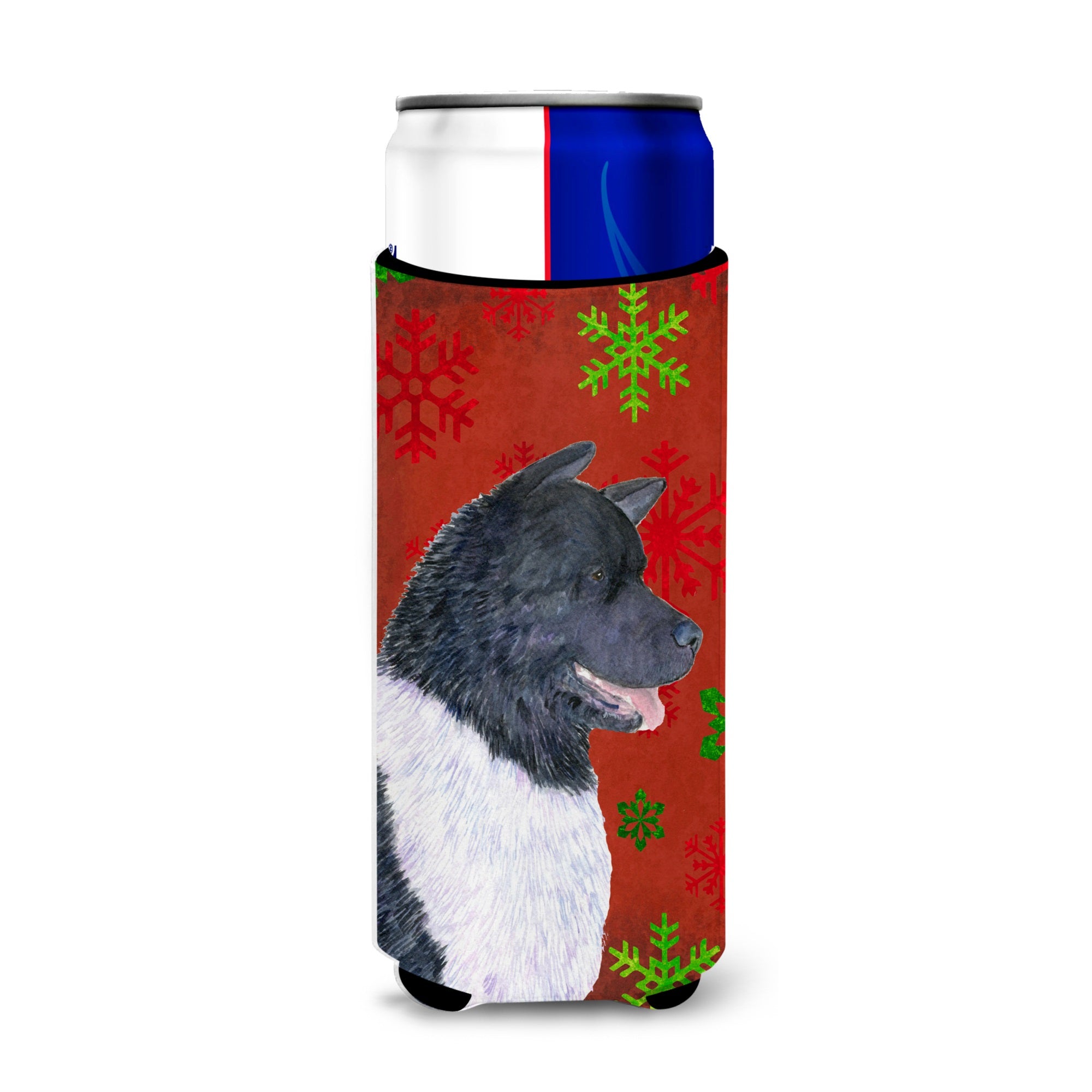 Akita Red And Green Snowflakes Holiday Christmas Ultra Hugger For Slim Cans