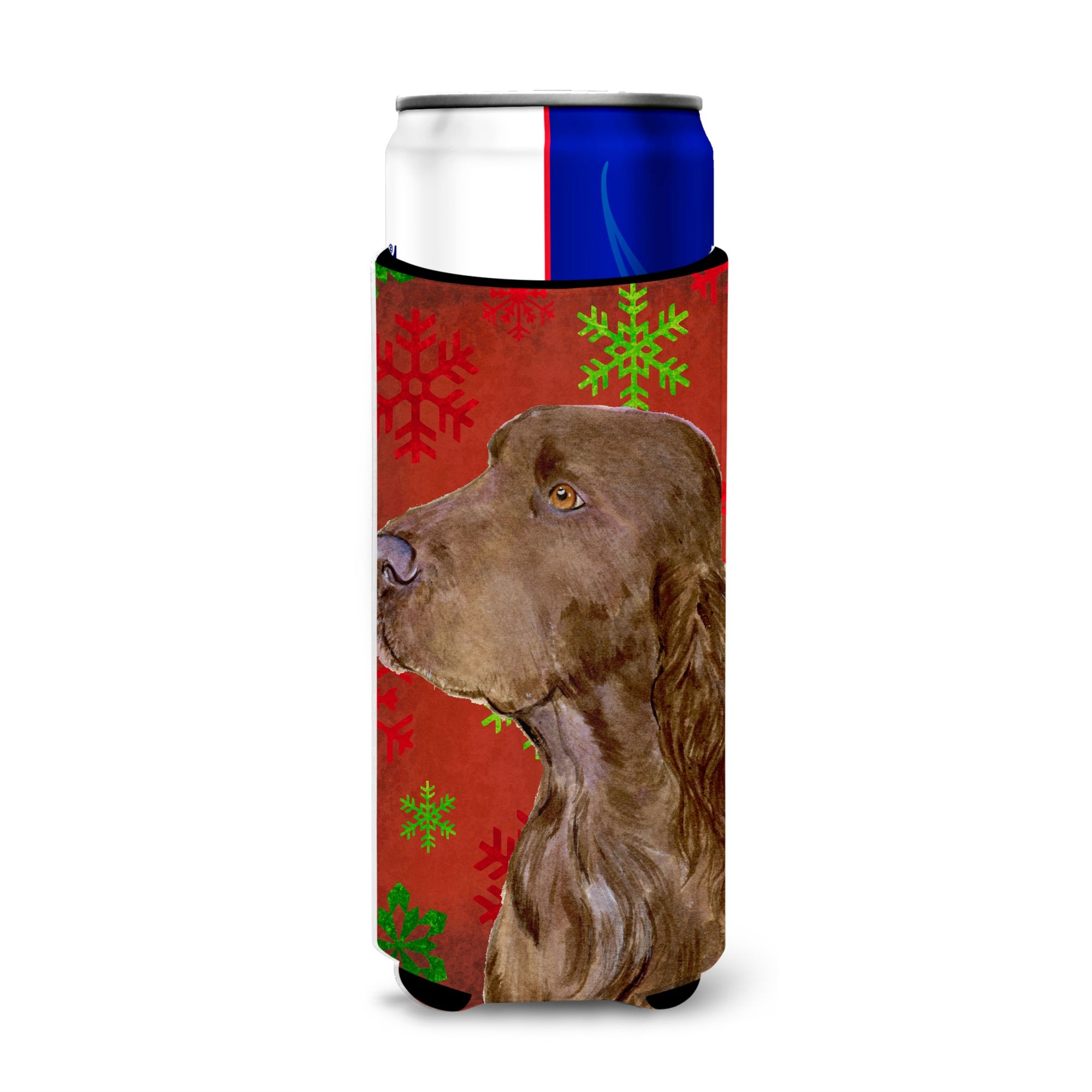 Field Spaniel Red And Green Snowflakes Holiday Christmas Ultra Hugger For Slim Cans