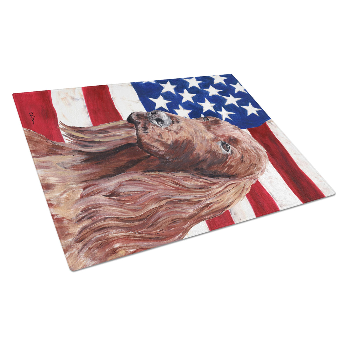 Irish Setter With American Flag Glass Cutting Board Large