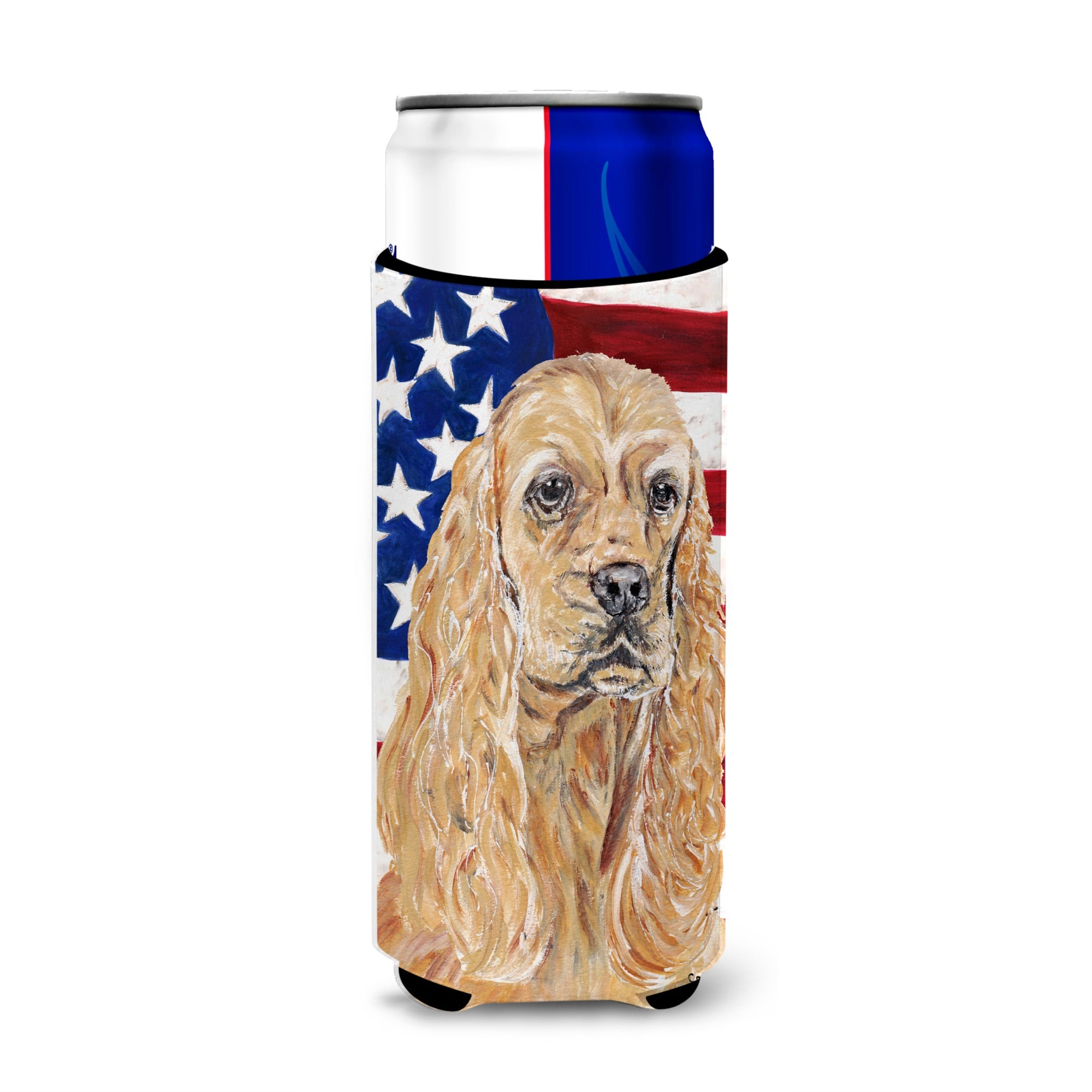 Buff Cocker Spaniel With American Flag Ultra Hugger For Slim Cans