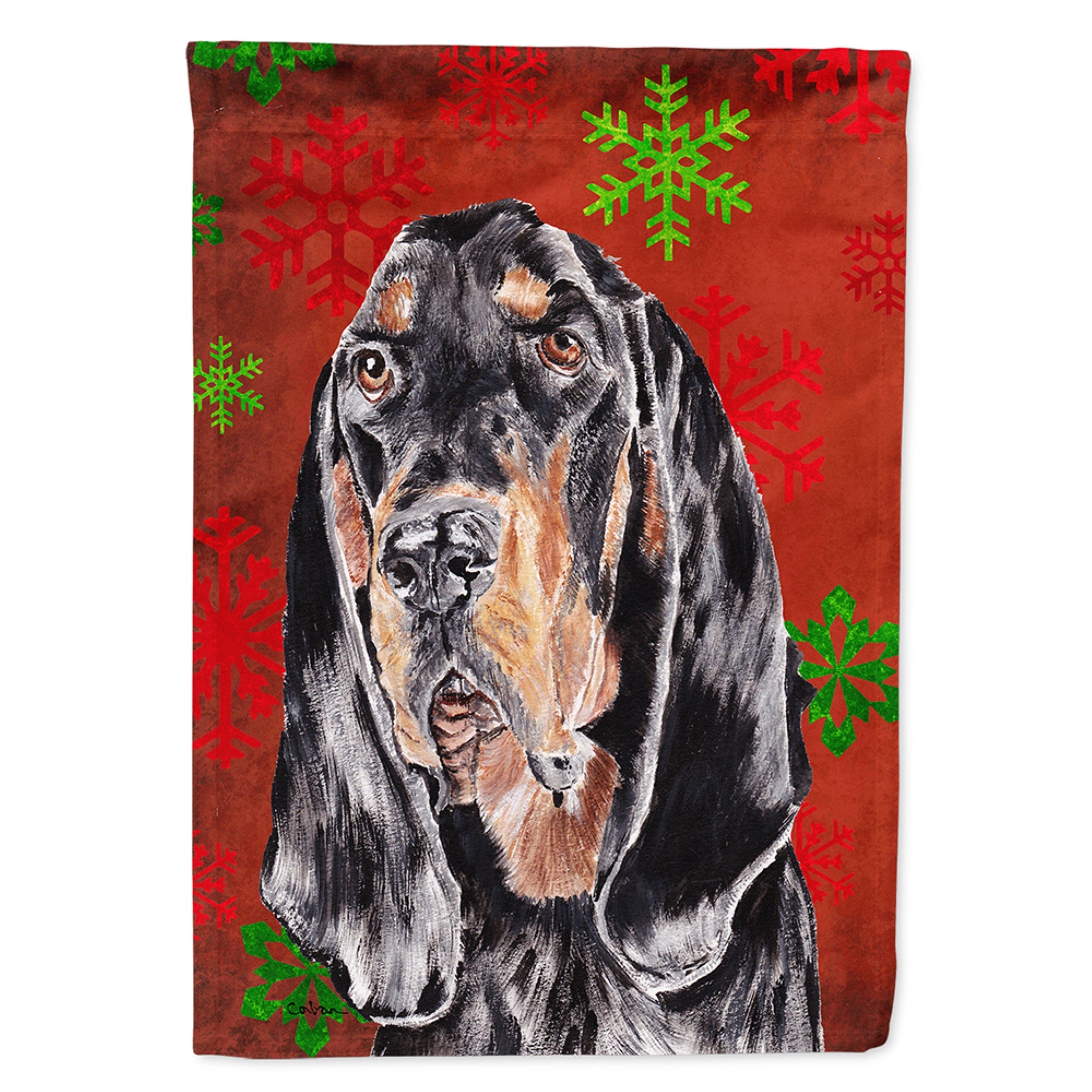 Black And Tan Coonhound Red Snowflakes Holiday Flag Garden Size