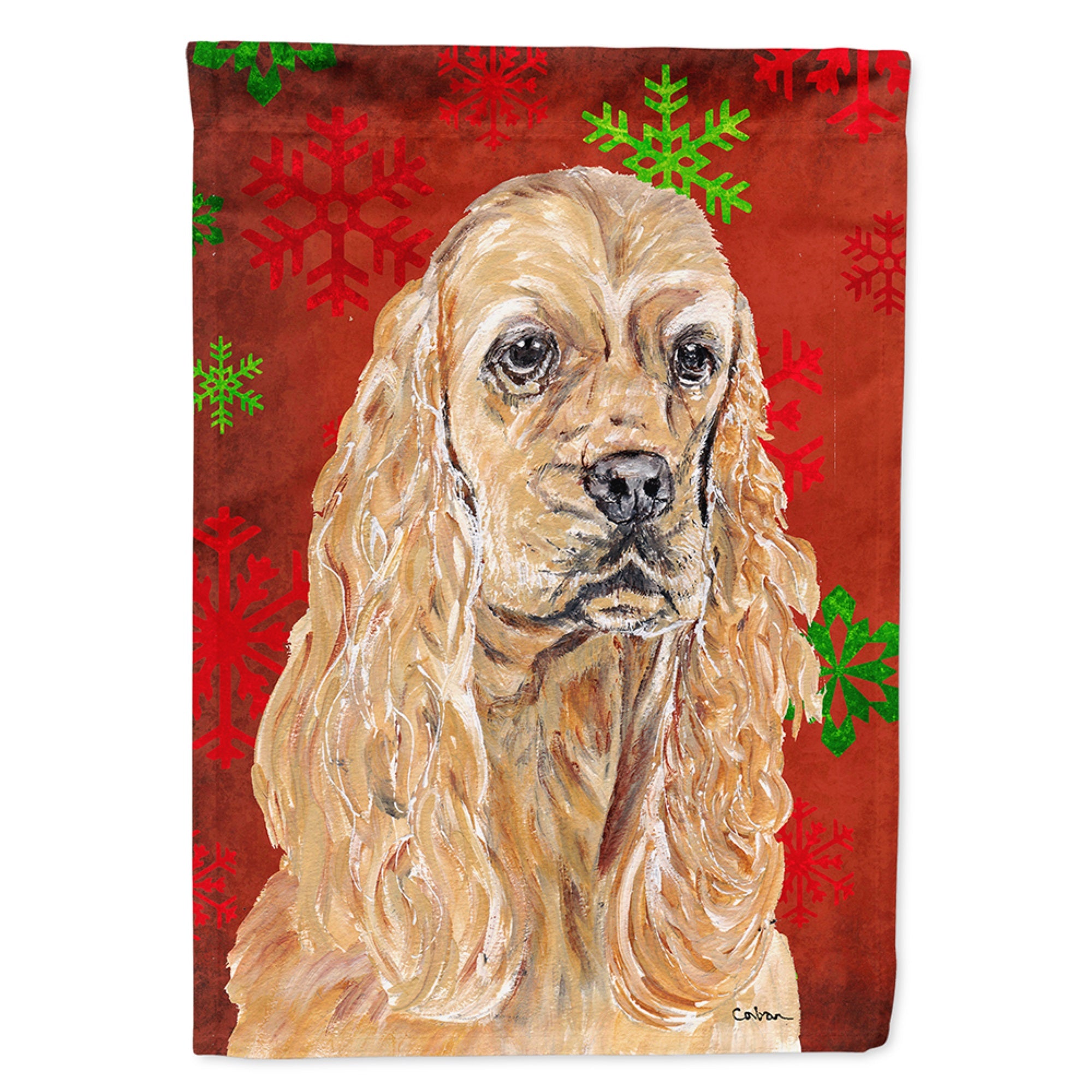 Buff Cocker Spaniel Red Snowflakes Holiday Flag Garden Size