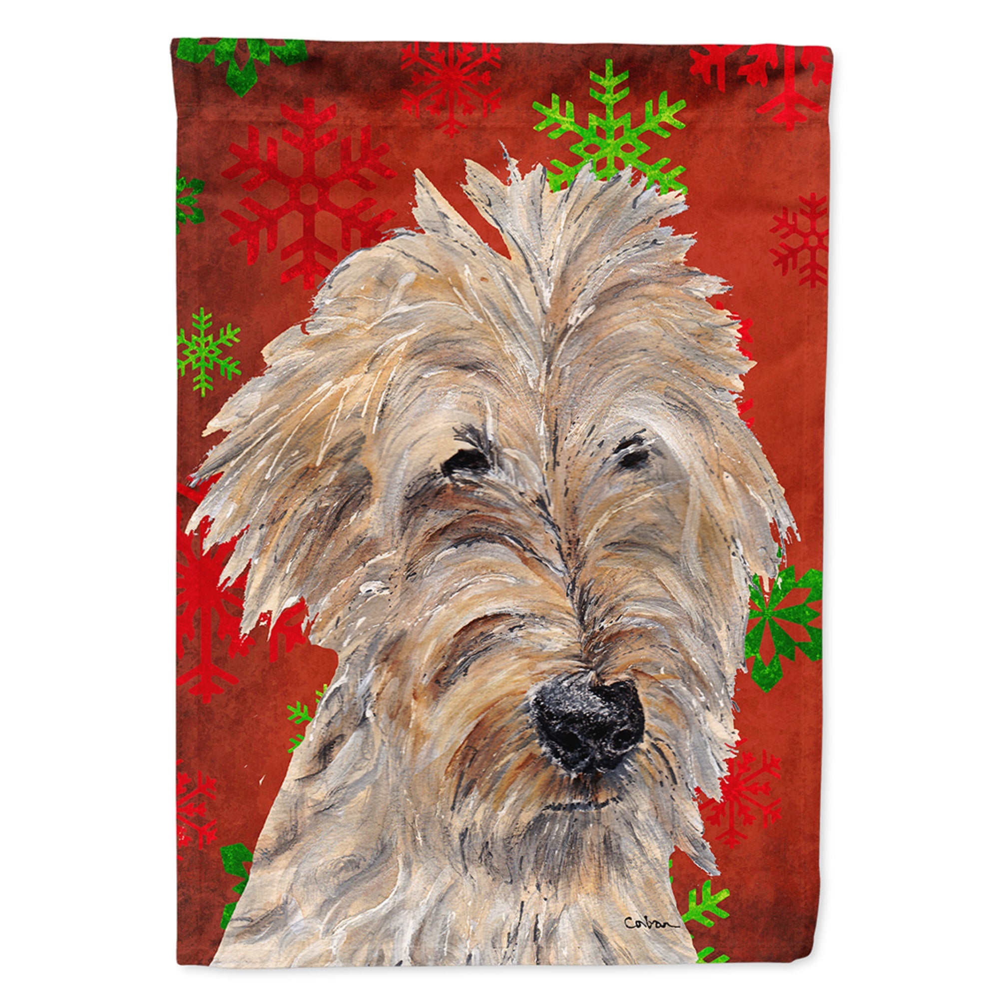 Golden Doodle Red Snowflakes Holiday Flag Garden Size