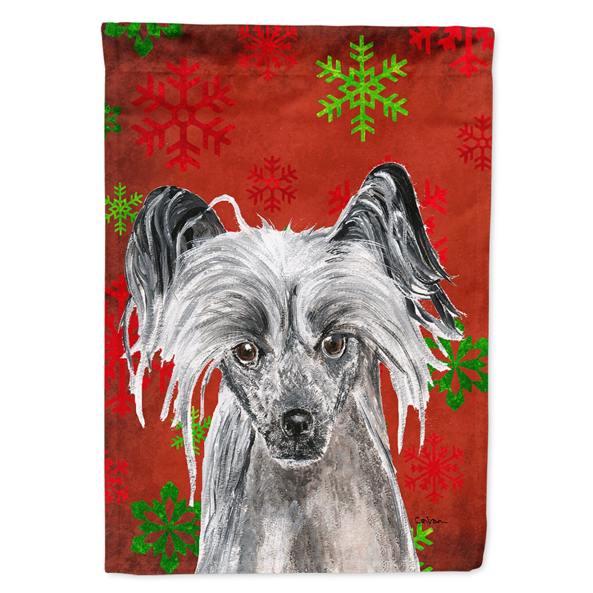 Chinese Crested Red Snowflakes Holiday Flag Garden Size