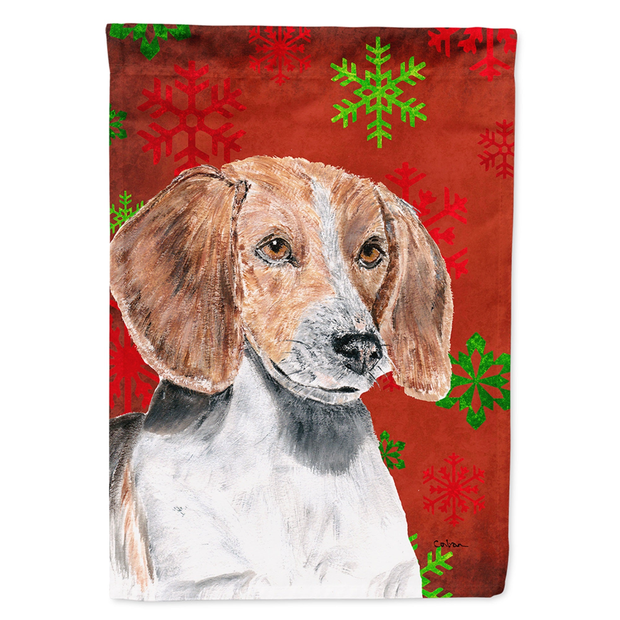 English Foxhound Red Snowflakes Holiday Flag Garden Size