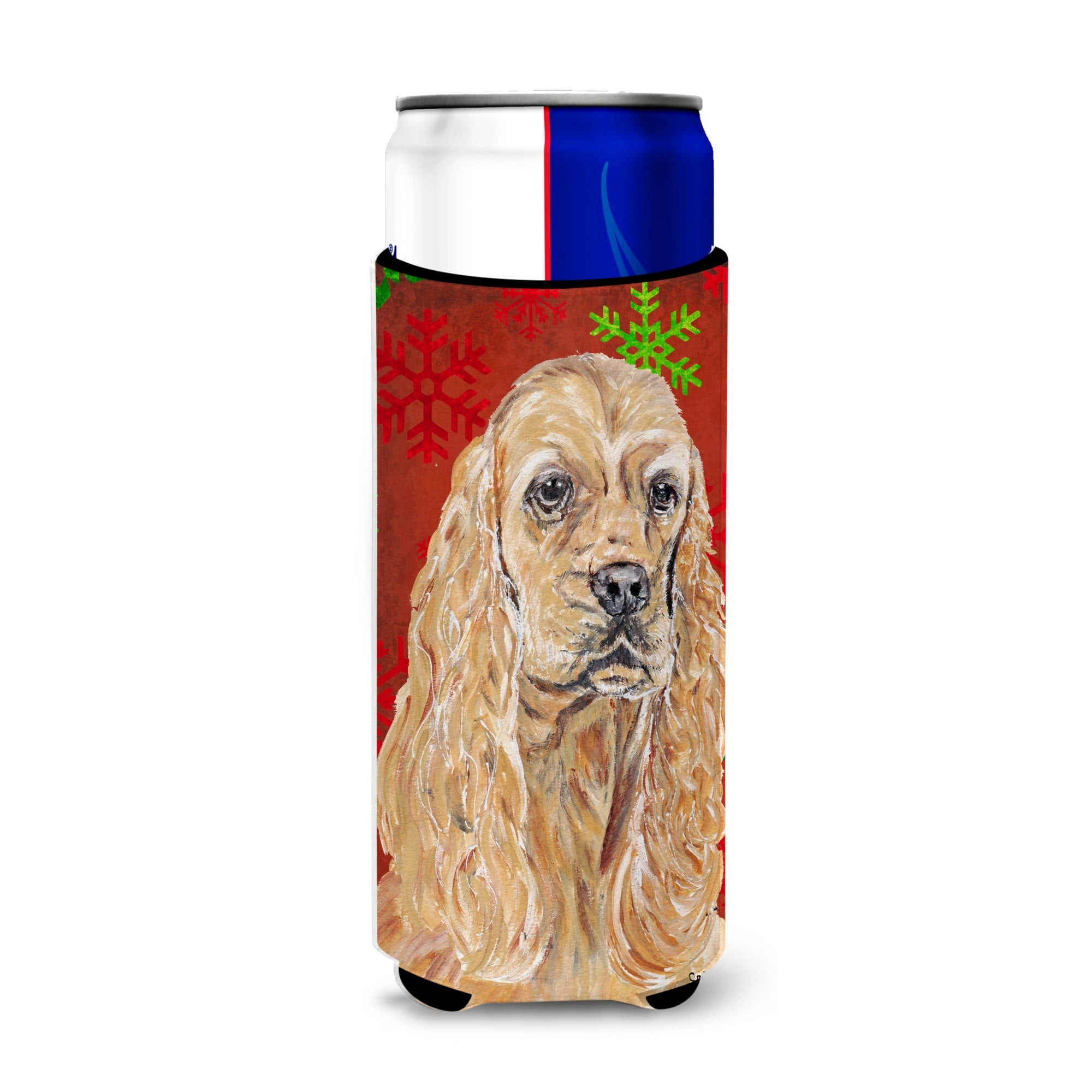 Buff Cocker Spaniel Red Snowflakes Holiday Ultra Hugger For Slim Cans
