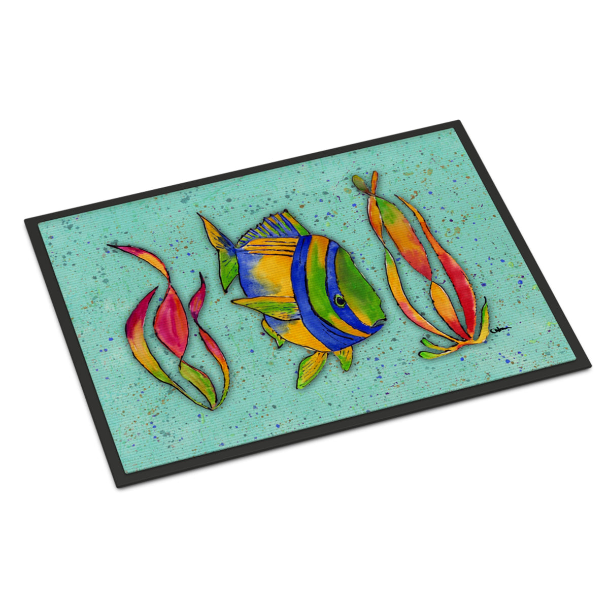 Tropical Fish On Teal Indoor Or Outdoor Mat 18X27