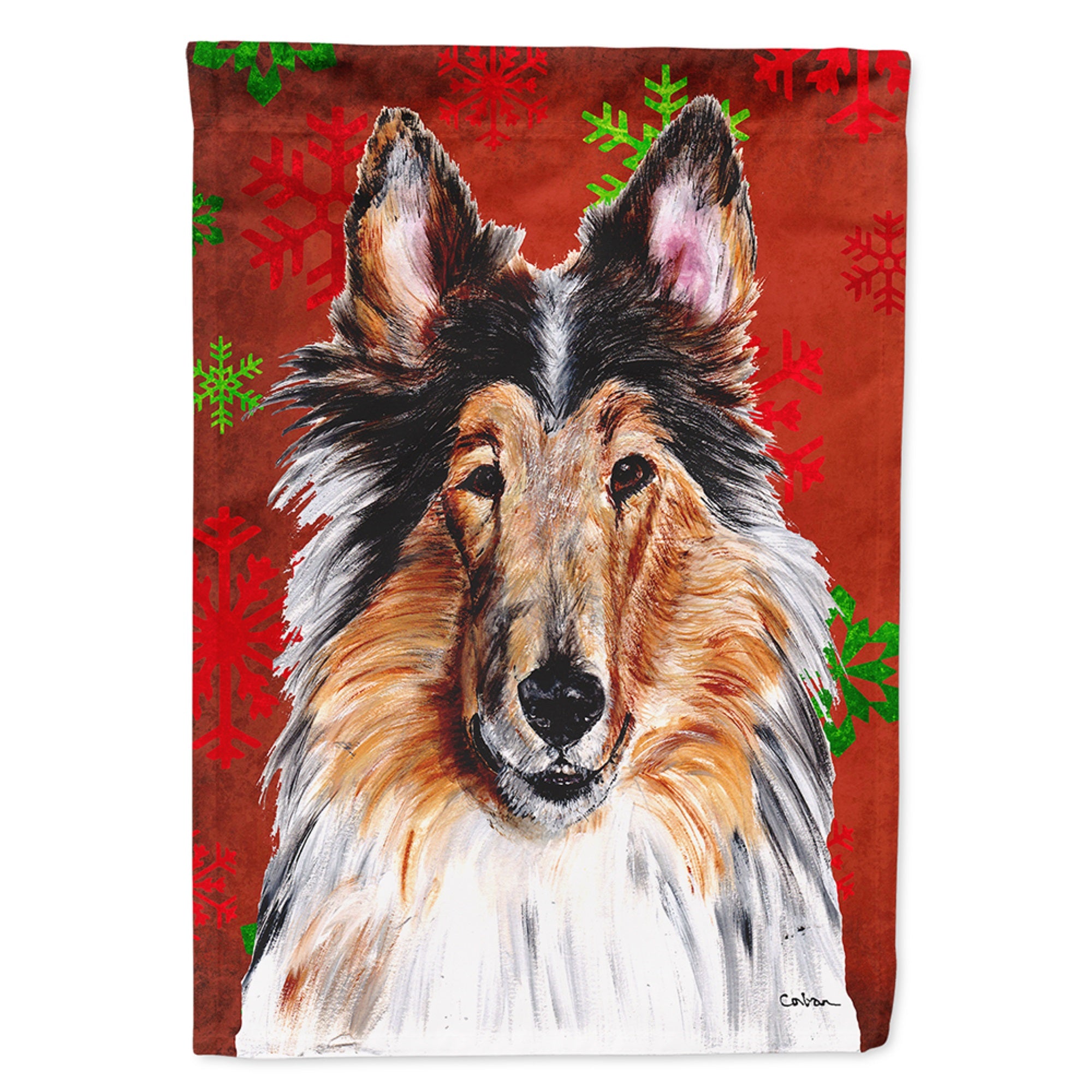 Collie Red Snowflakes Holiday Flag Garden Size