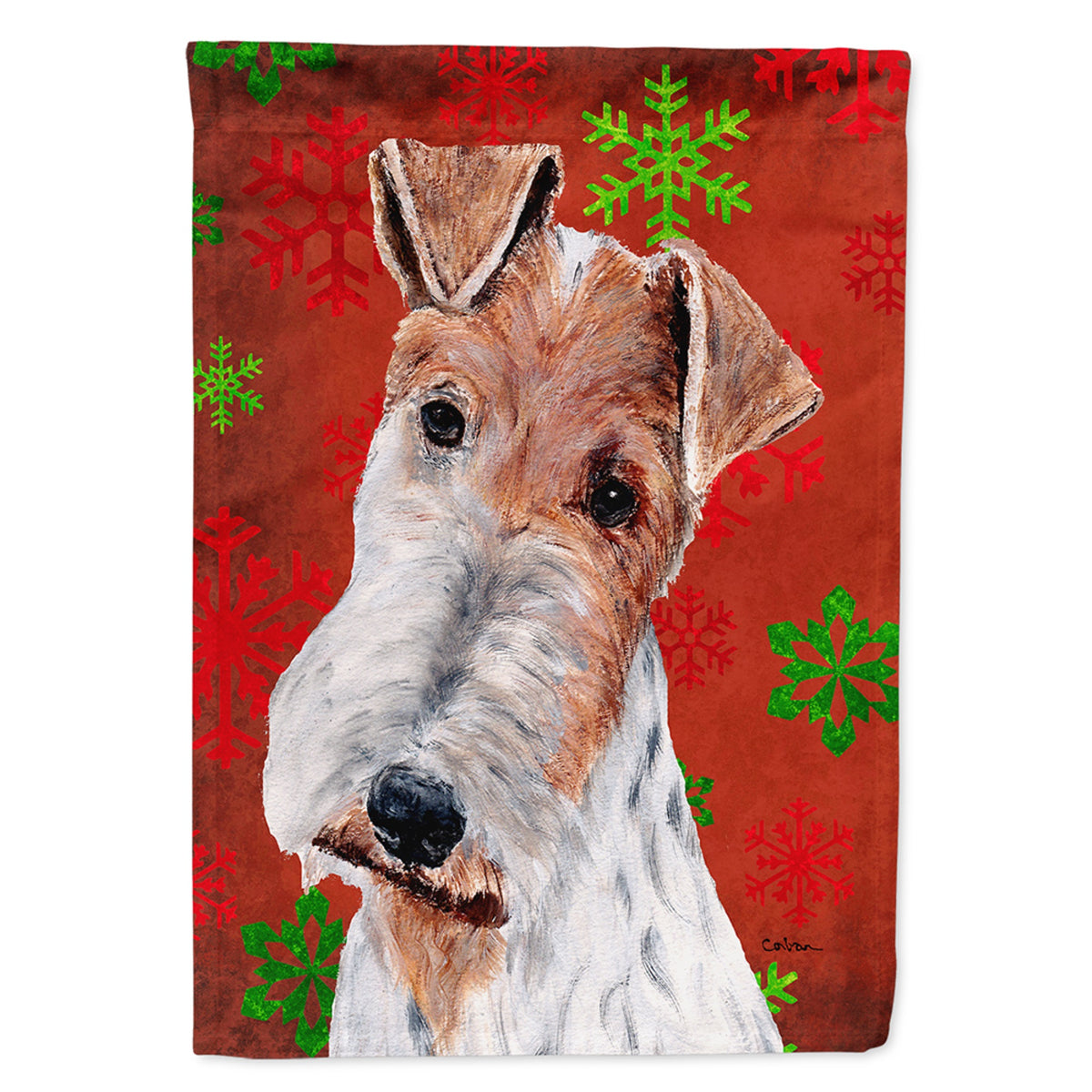 Wire Fox Terrier Red Snowflakes Holiday Flag Garden Size