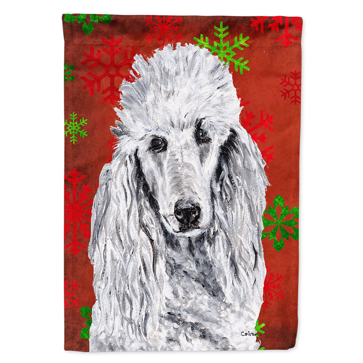 White Standard Poodle Red Snowflakes Holiday Flag Garden Size