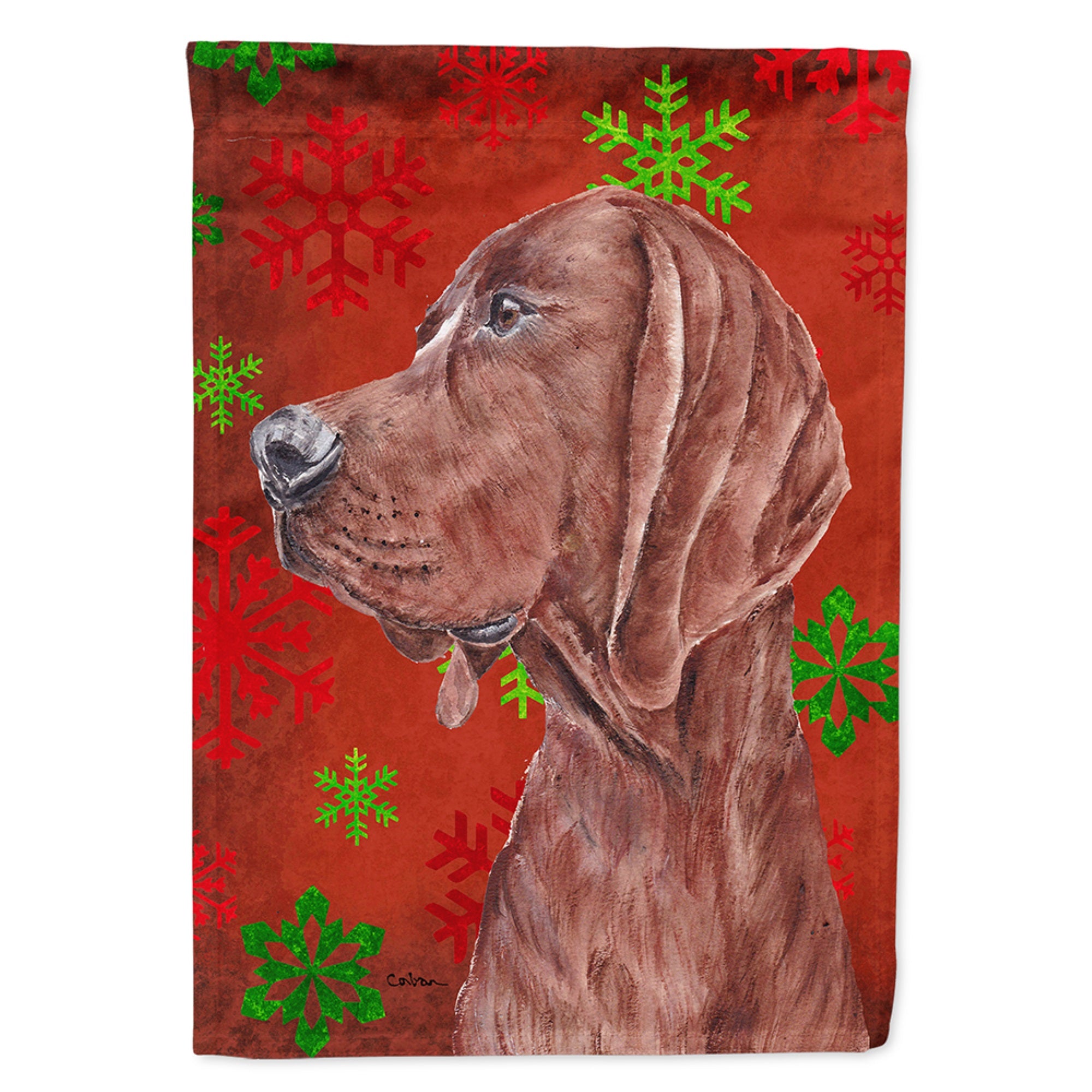 Redbone Coonhound Red Snowflakes Holiday Flag Garden Size