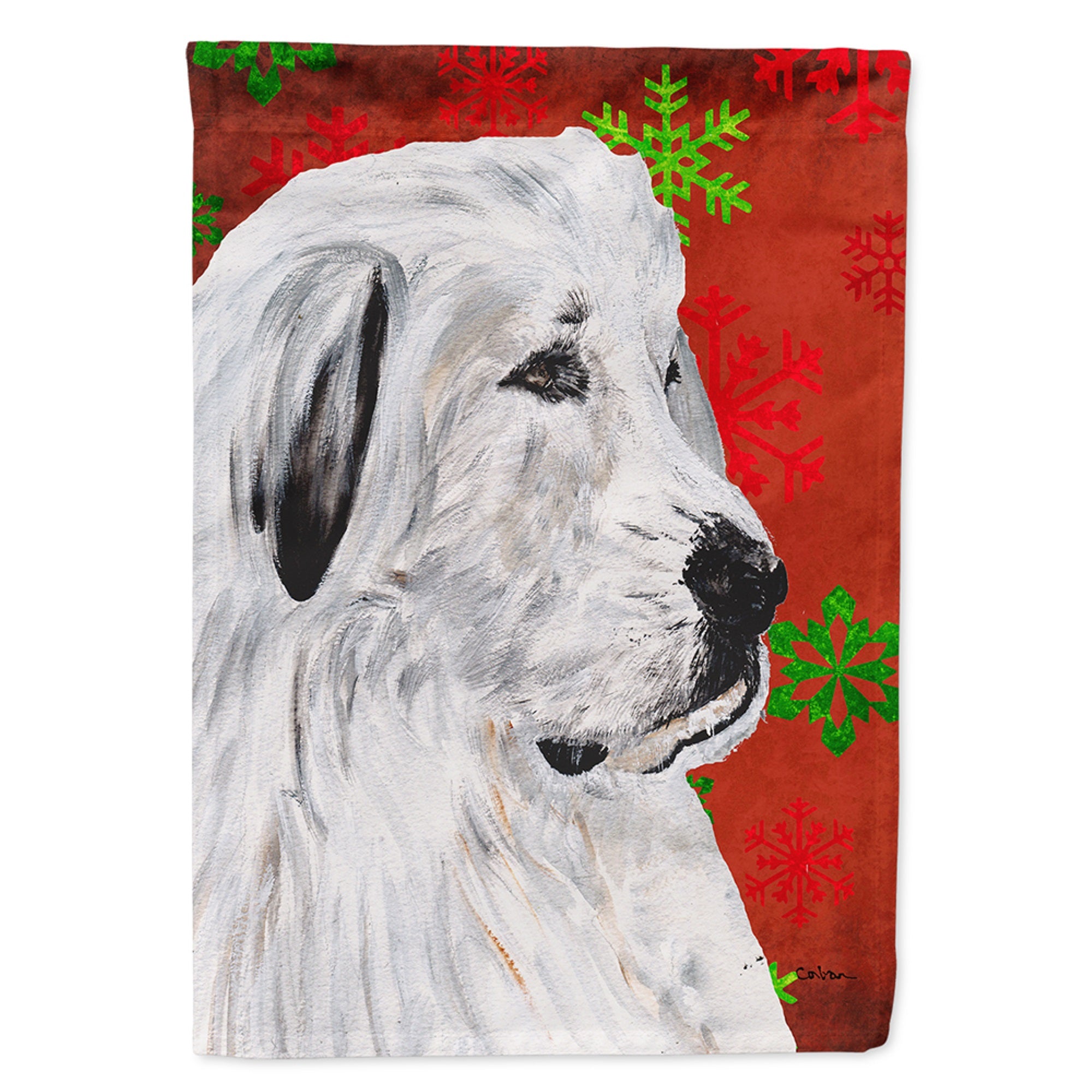 Great Pyrenees Red Snowflakes Holiday Flag Garden Size