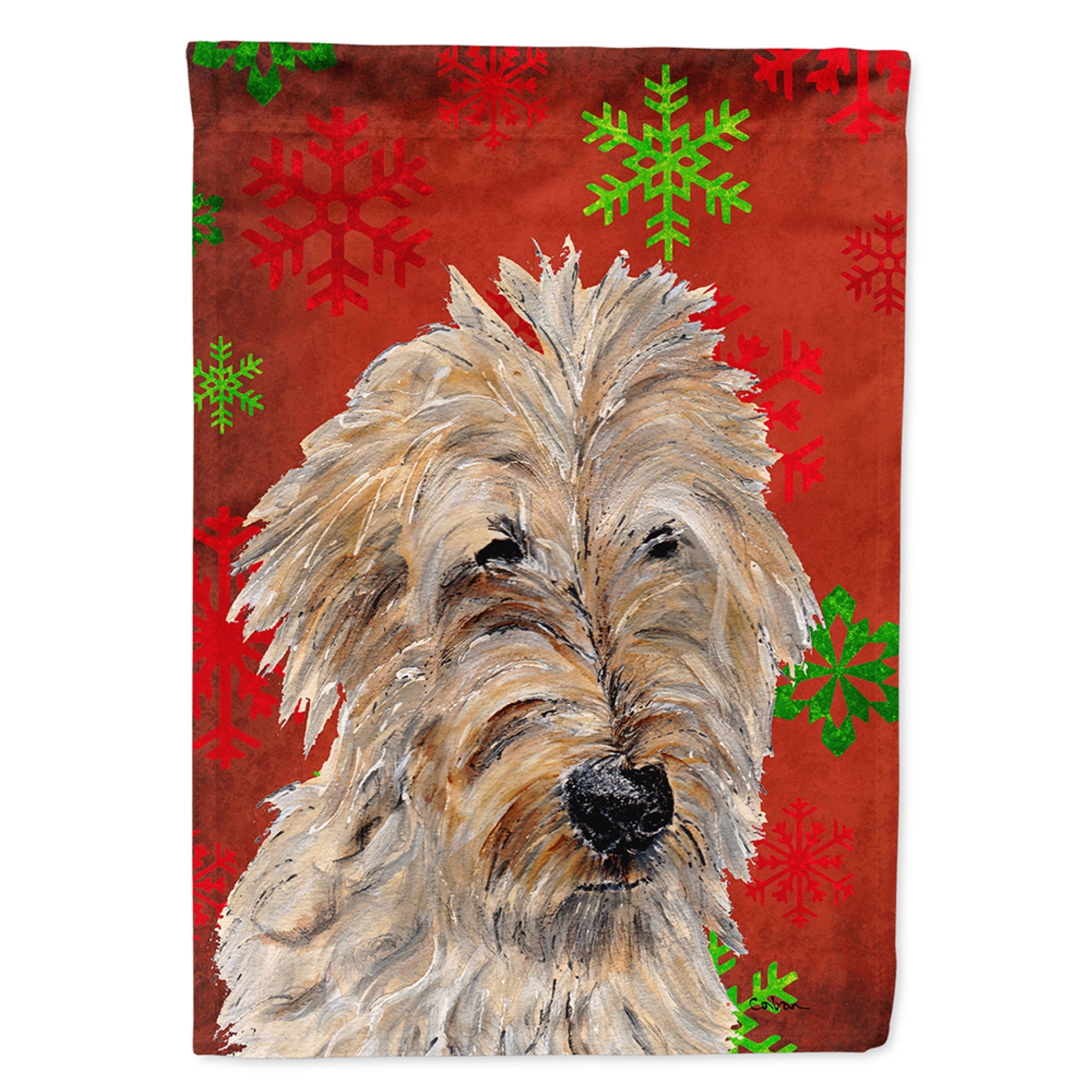 Golden Doodle 2 Red Snowflakes Holiday Flag Garden Size