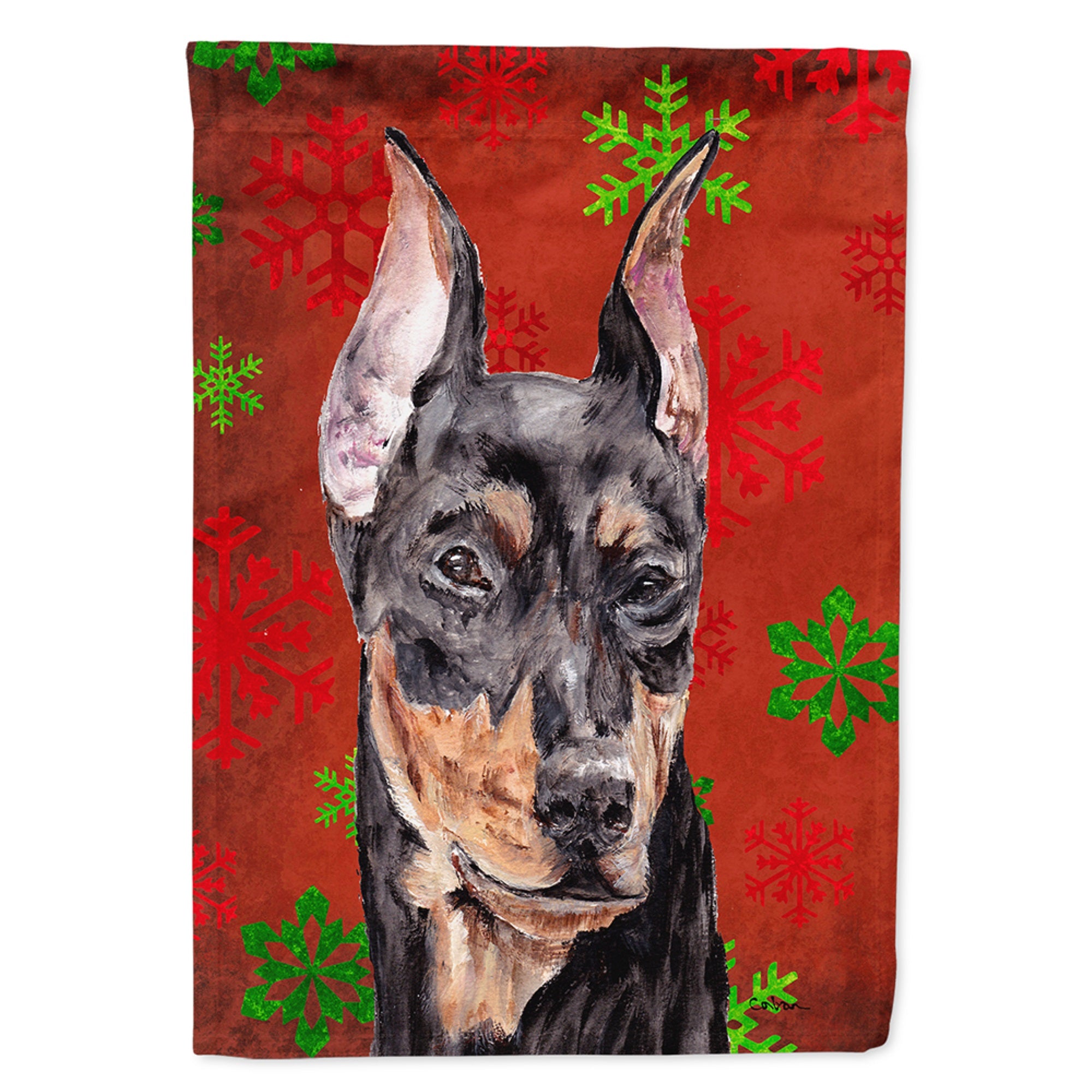 German Pinscher Red Snowflakes Holiday Flag Garden Size