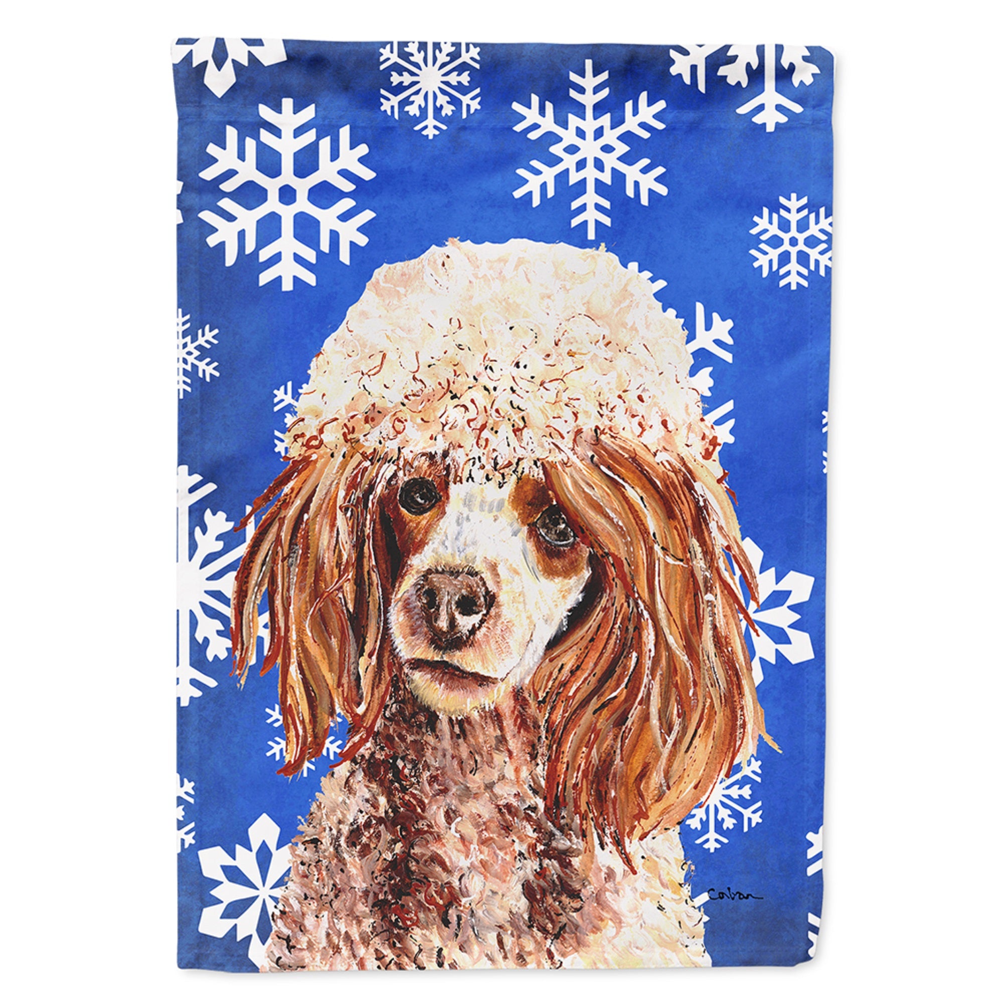 Red Miniature Poodle Winter Snowflakes Flag Garden Size