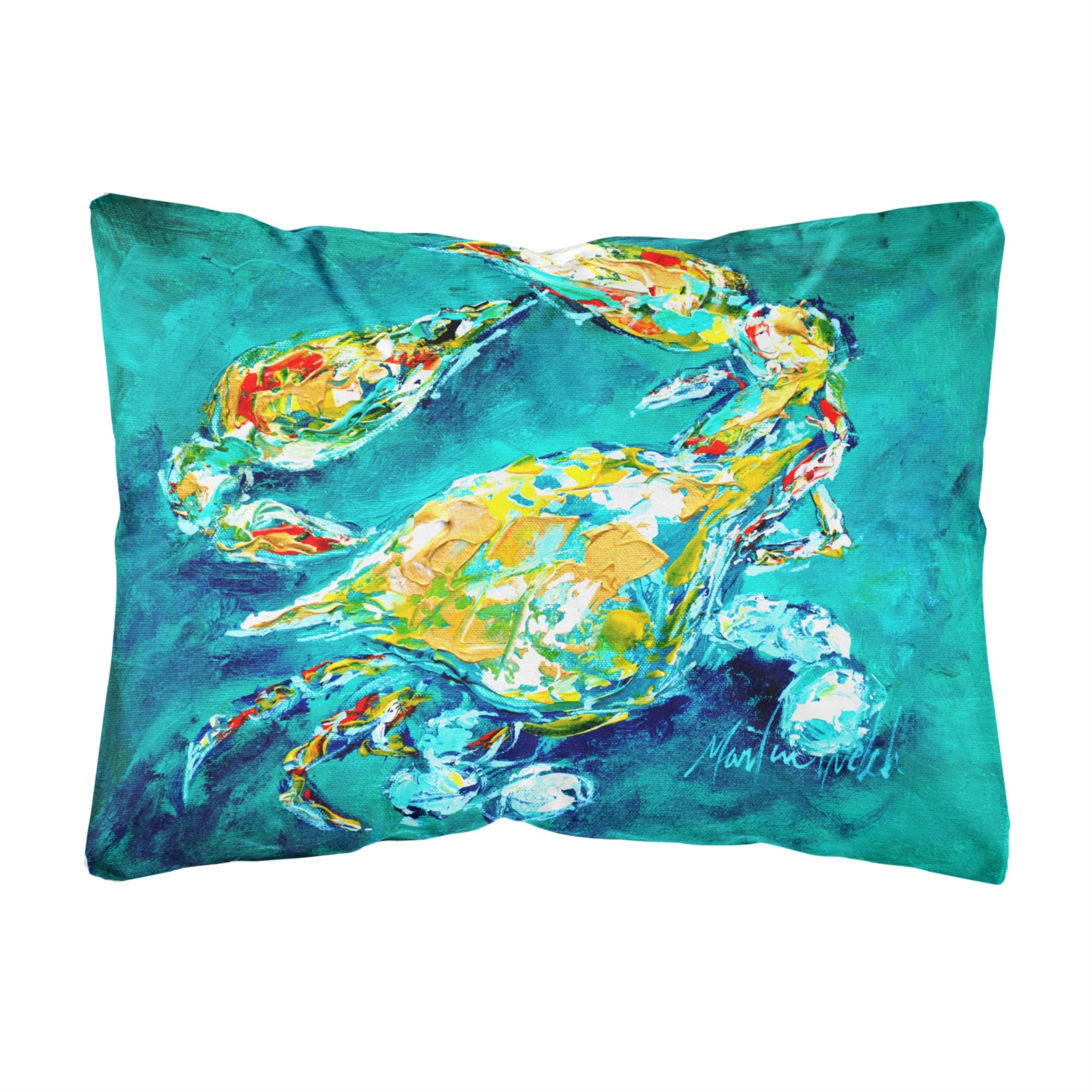 By Chance Crab In Aqua Blue Canvas Fabric Decorative Pillow