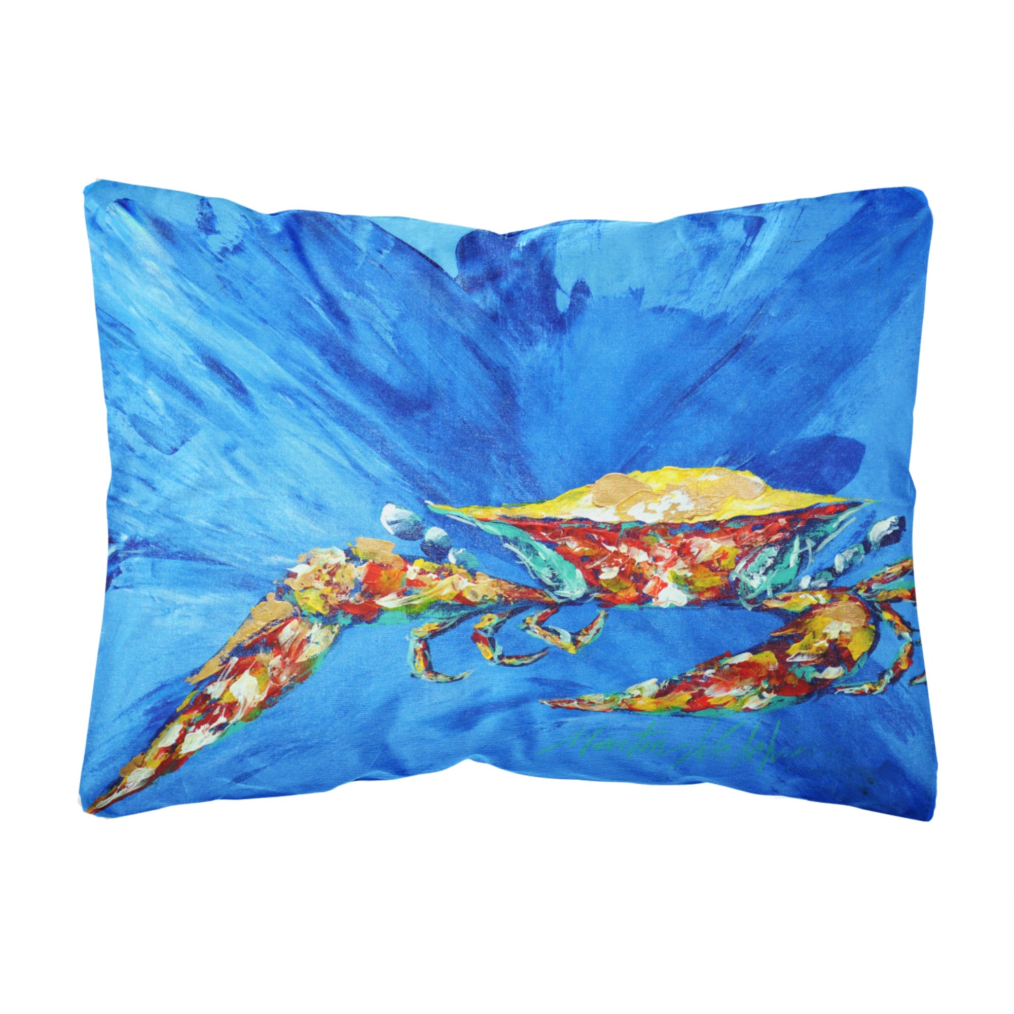 Big Spash Crab In Blue Canvas Fabric Decorative Pillow