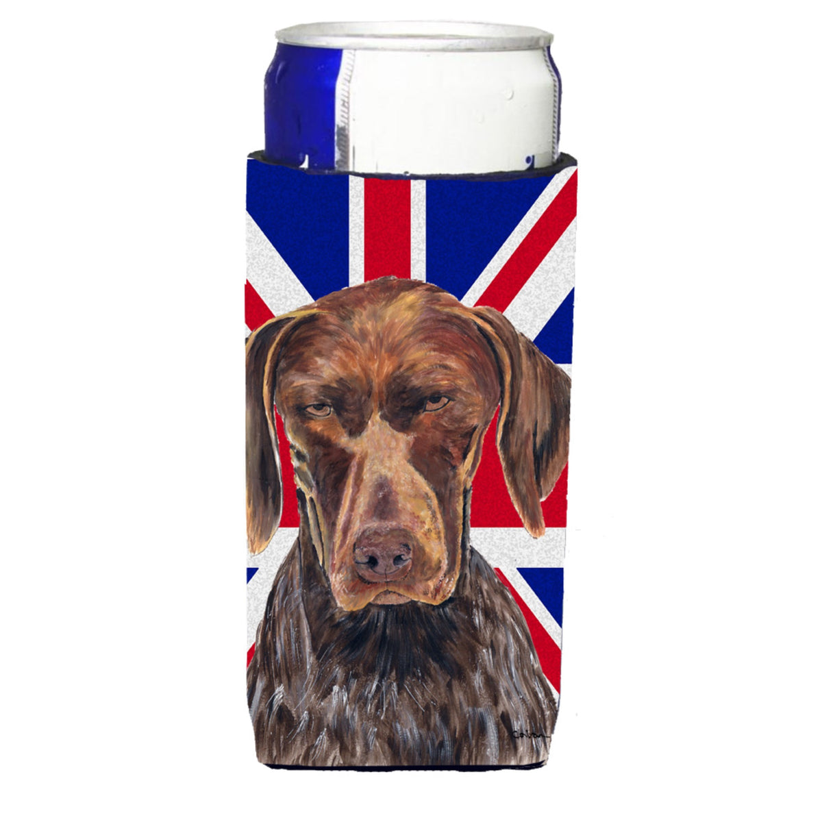 German Shorthaired Pointer With English Union Jack British Flag Ultra Hugger For Slim Cans