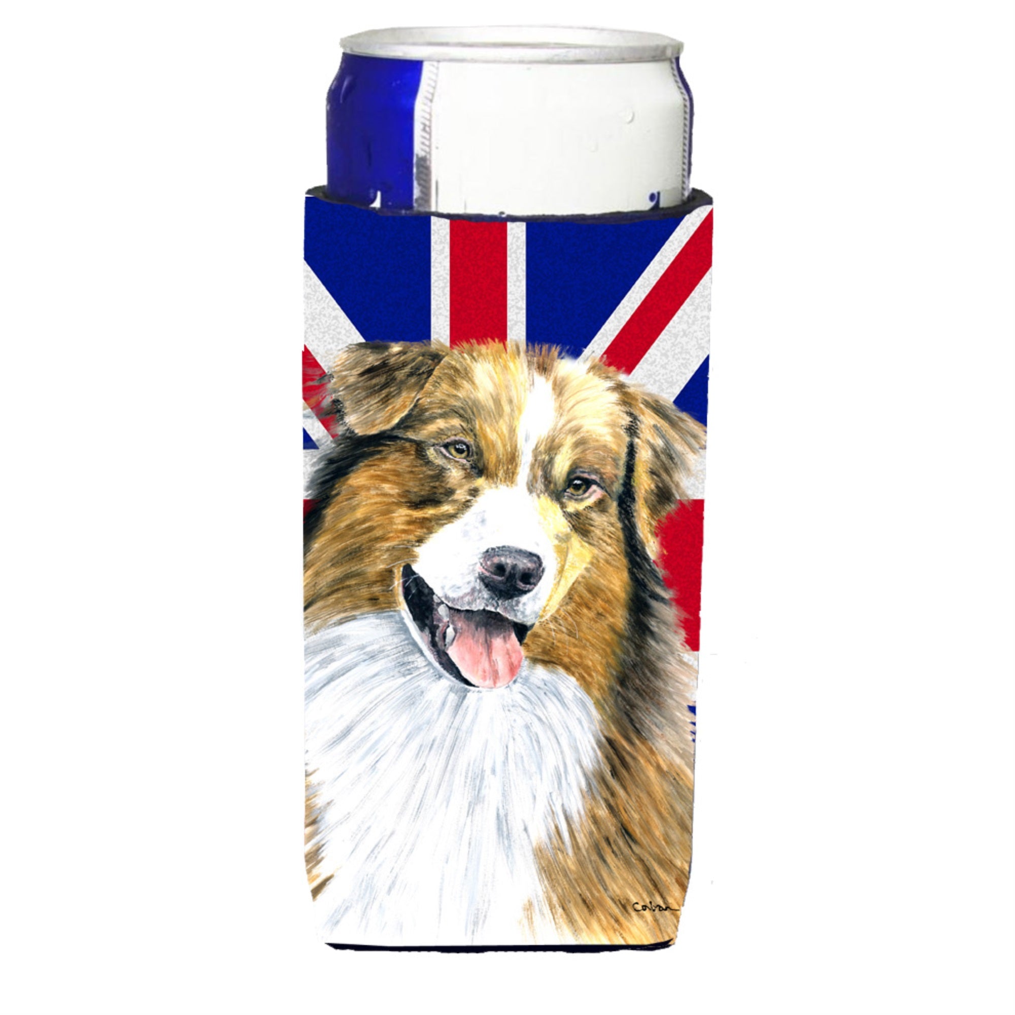 Australian Shepherd With English Union Jack British Flag Ultra Hugger For Slim Cans