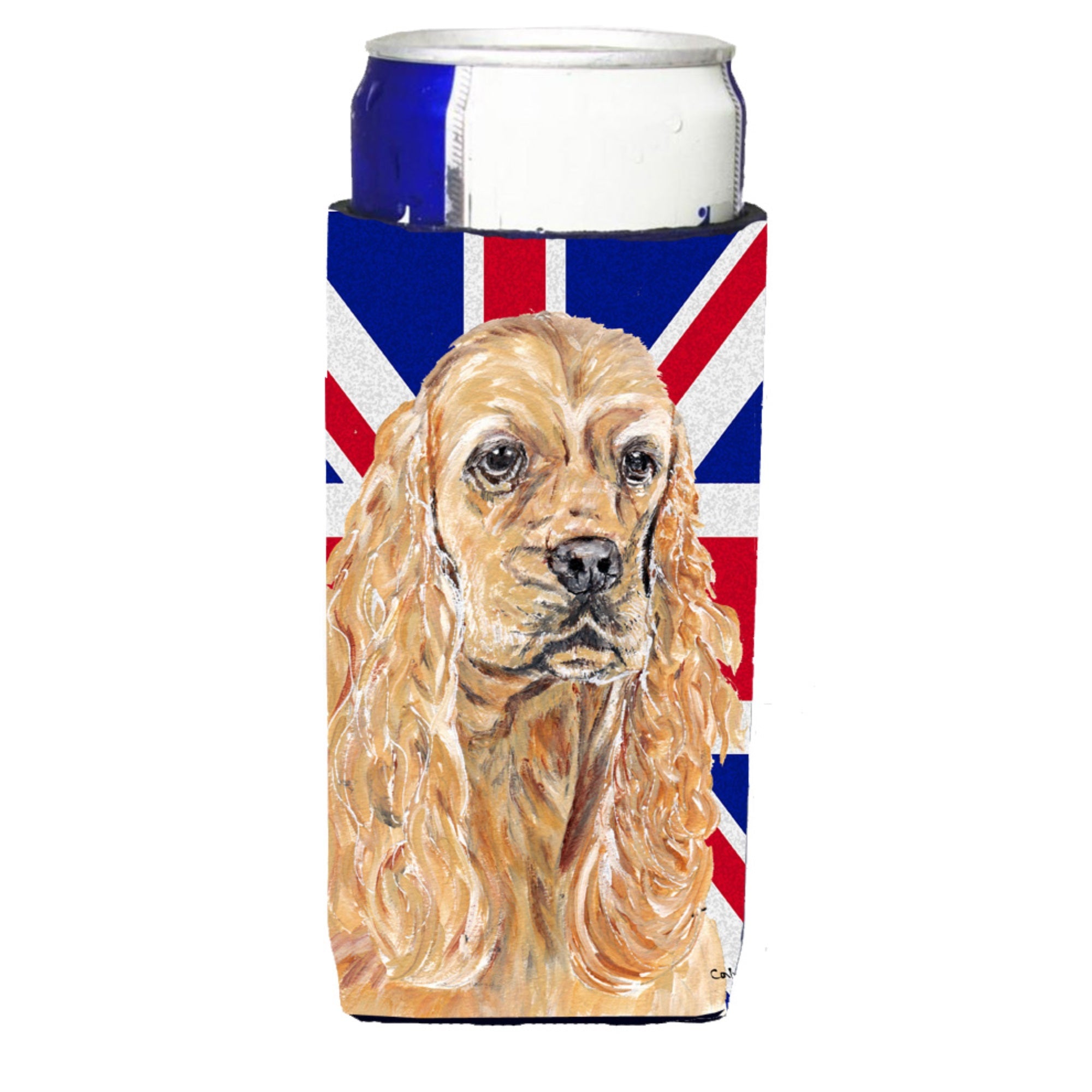 Buff Cocker Spaniel With English Union Jack British Flag Ultra Hugger For Slim Cans