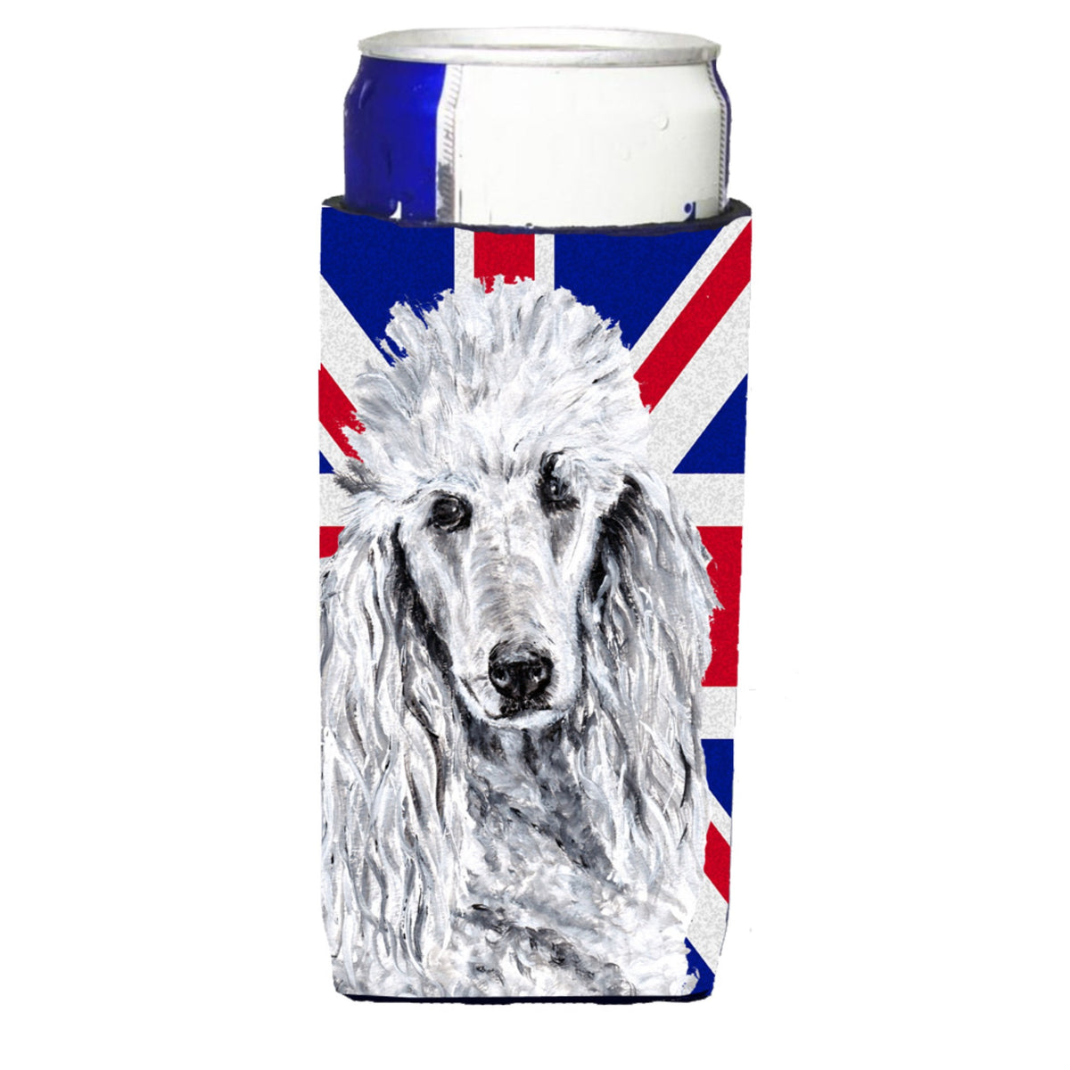 White Standard Poodle With English Union Jack British Flag Ultra Hugger For Slim Cans