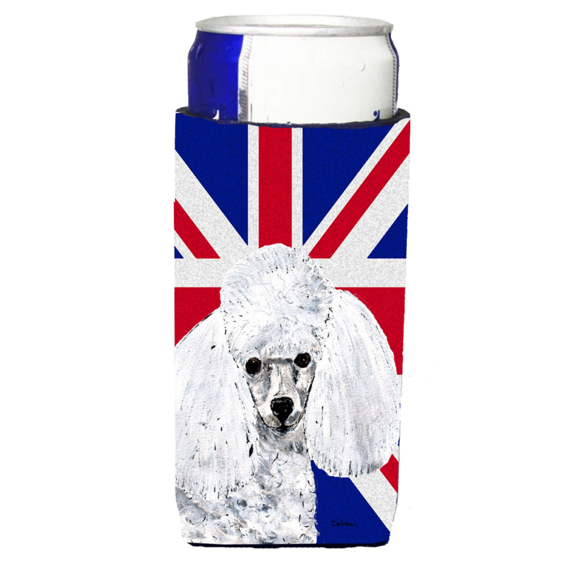 White Toy Poodle With English Union Jack British Flag Ultra Hugger For Slim Cans