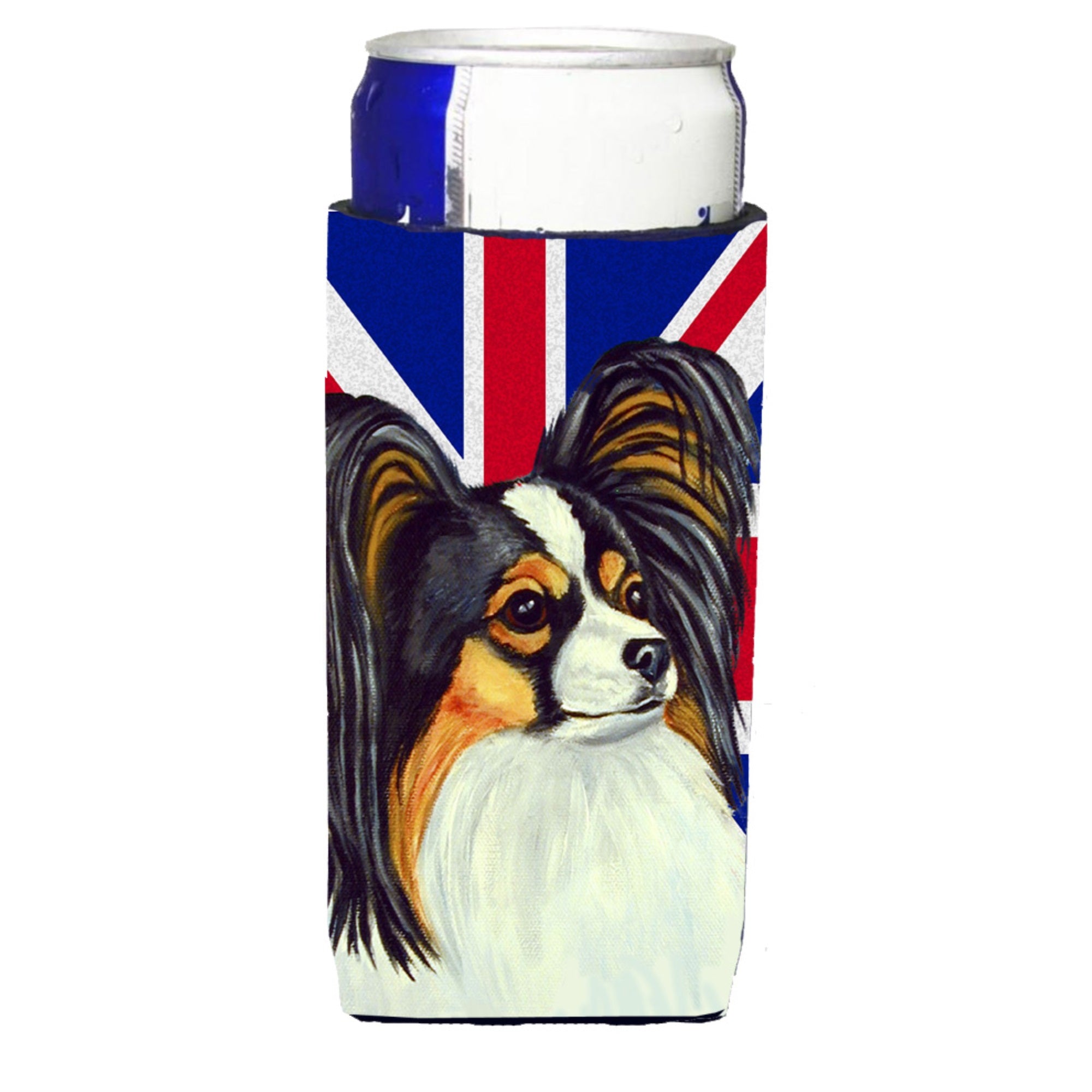 Papillon With English Union Jack British Flag Ultra Hugger For Slim Cans