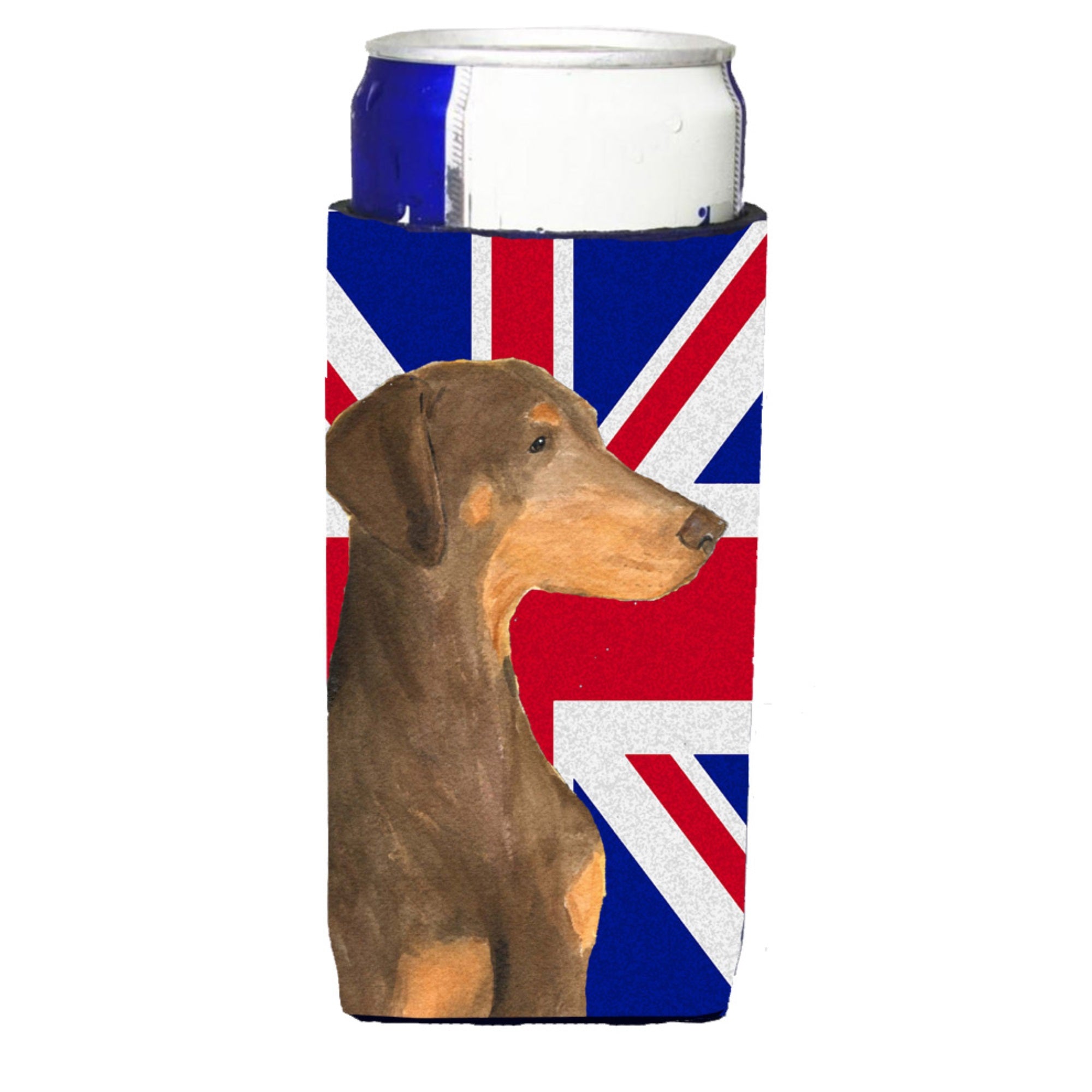 Doberman Natural Ears With English Union Jack British Flag Ultra Hugger For Slim Cans
