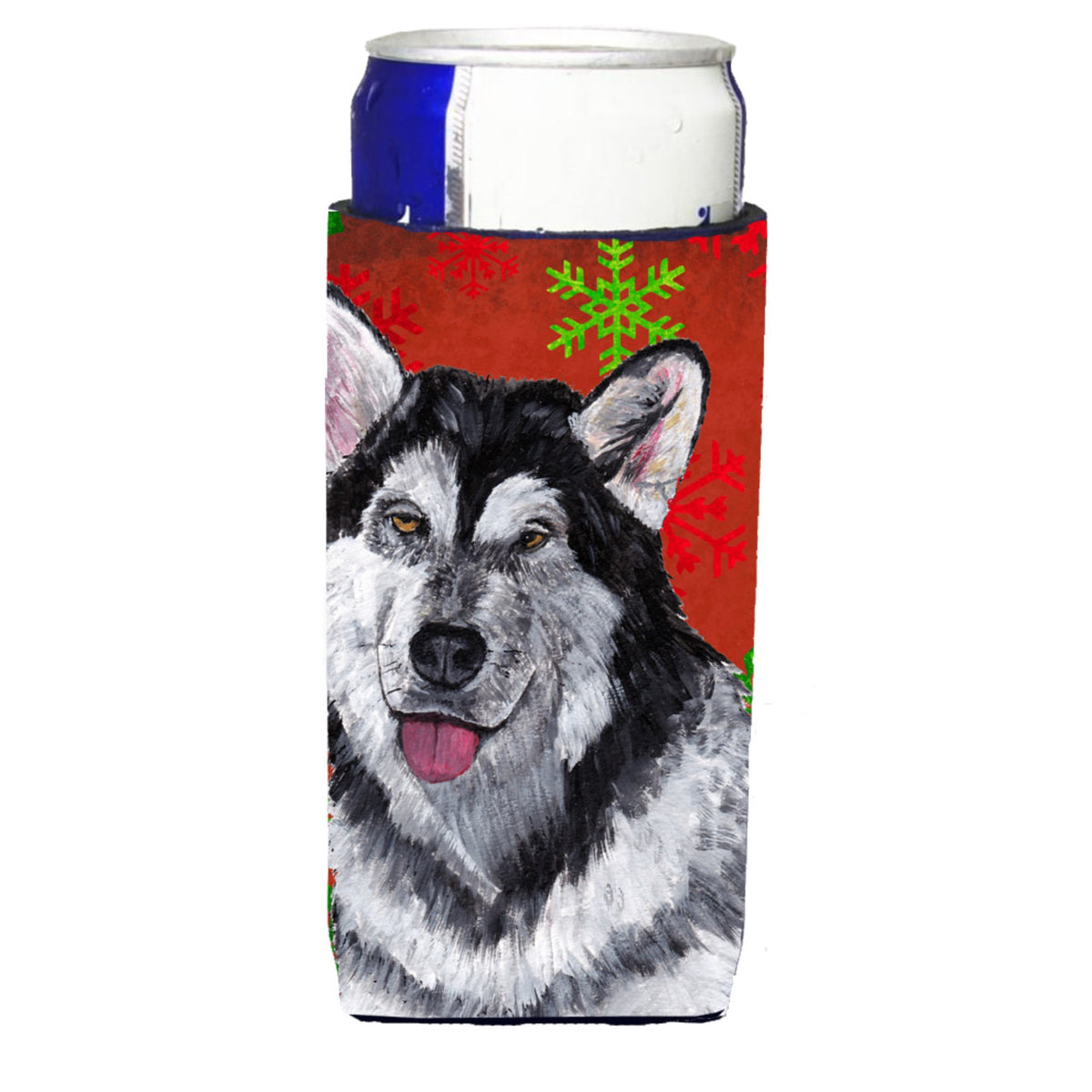 Alaskan Malamute Red Snowflakes Holiday Christmas  Ultra Hugger For Slim Cans