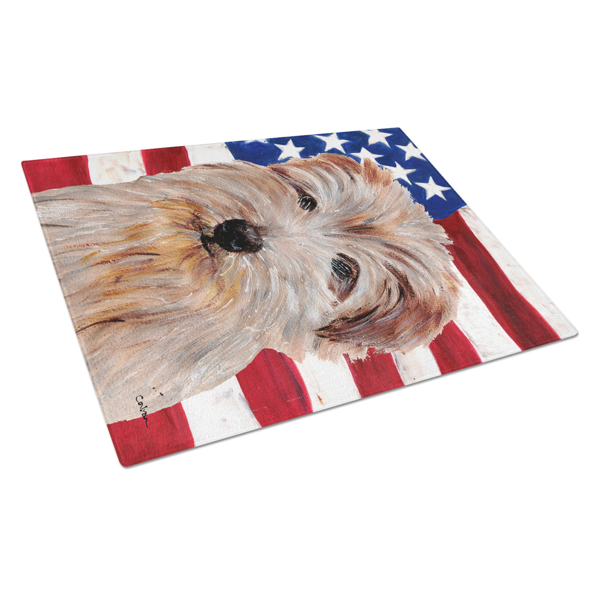 Norfolk Terrier With American Flag Usa Glass Cutting Board Large