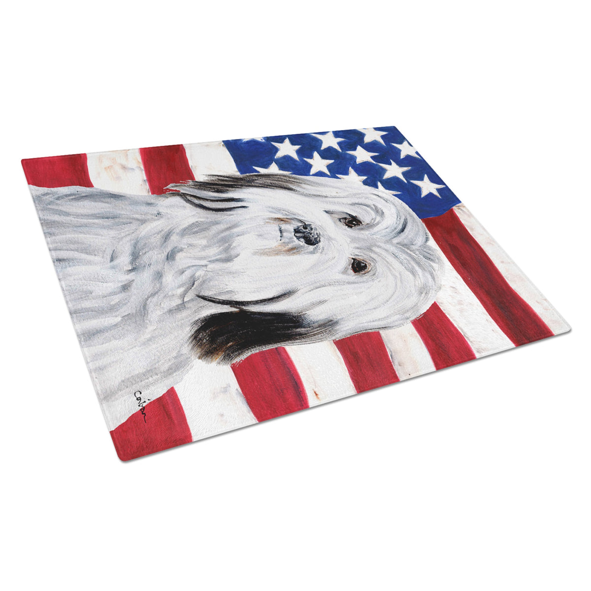 Havanese With American Flag Usa Glass Cutting Board Large