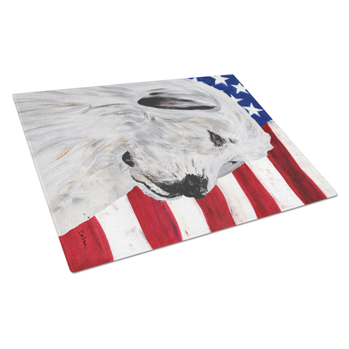 Great Pyrenees With American Flag Usa Glass Cutting Board Large