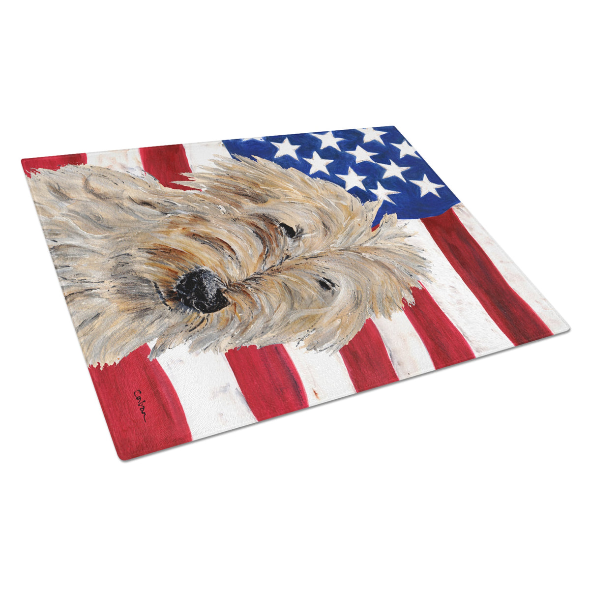 Golden Doodle 2 With American Flag Usa Glass Cutting Board Large
