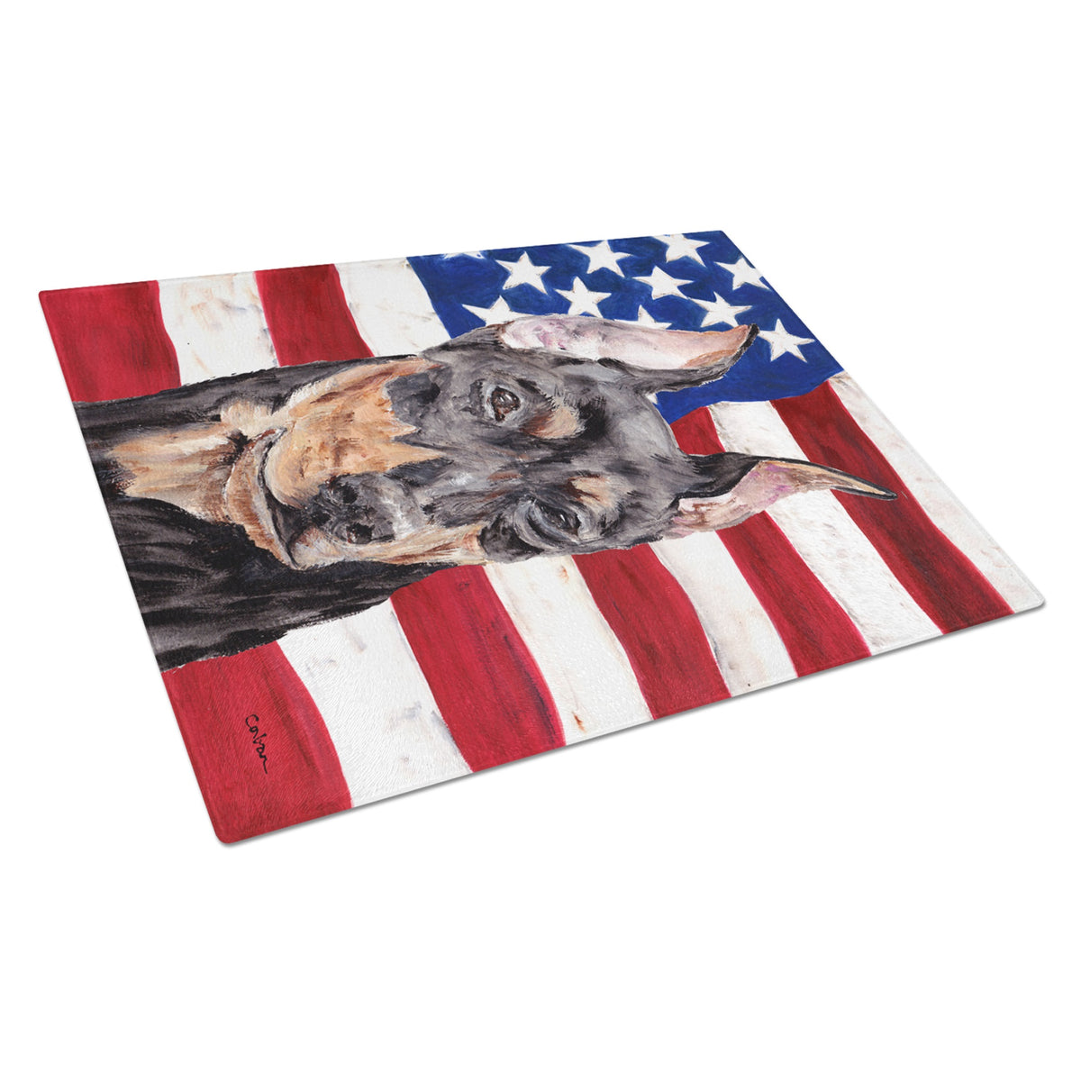 German Pinscher With American Flag Usa Glass Cutting Board Large