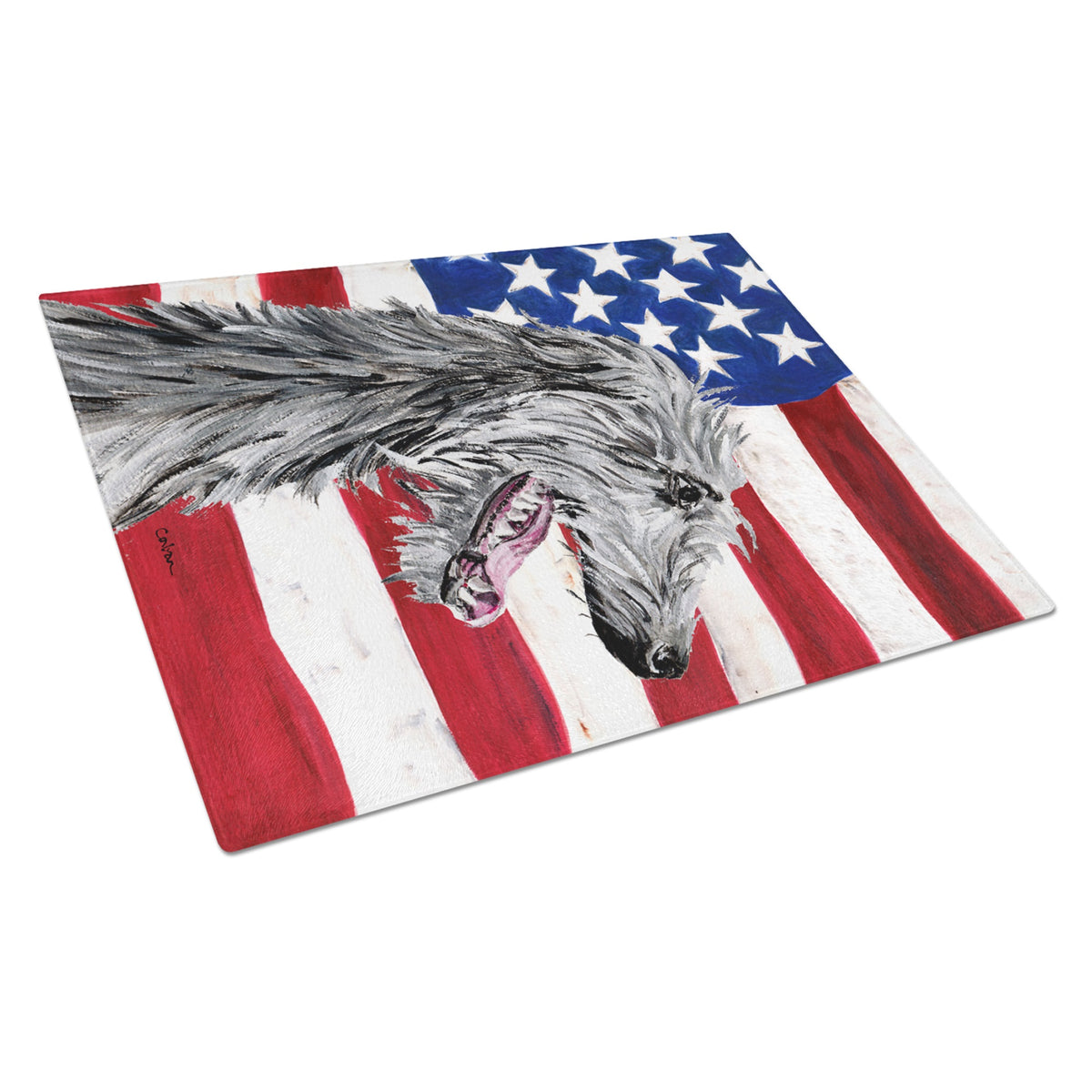 Scottish Deerhound With American Flag Usa Glass Cutting Board Large