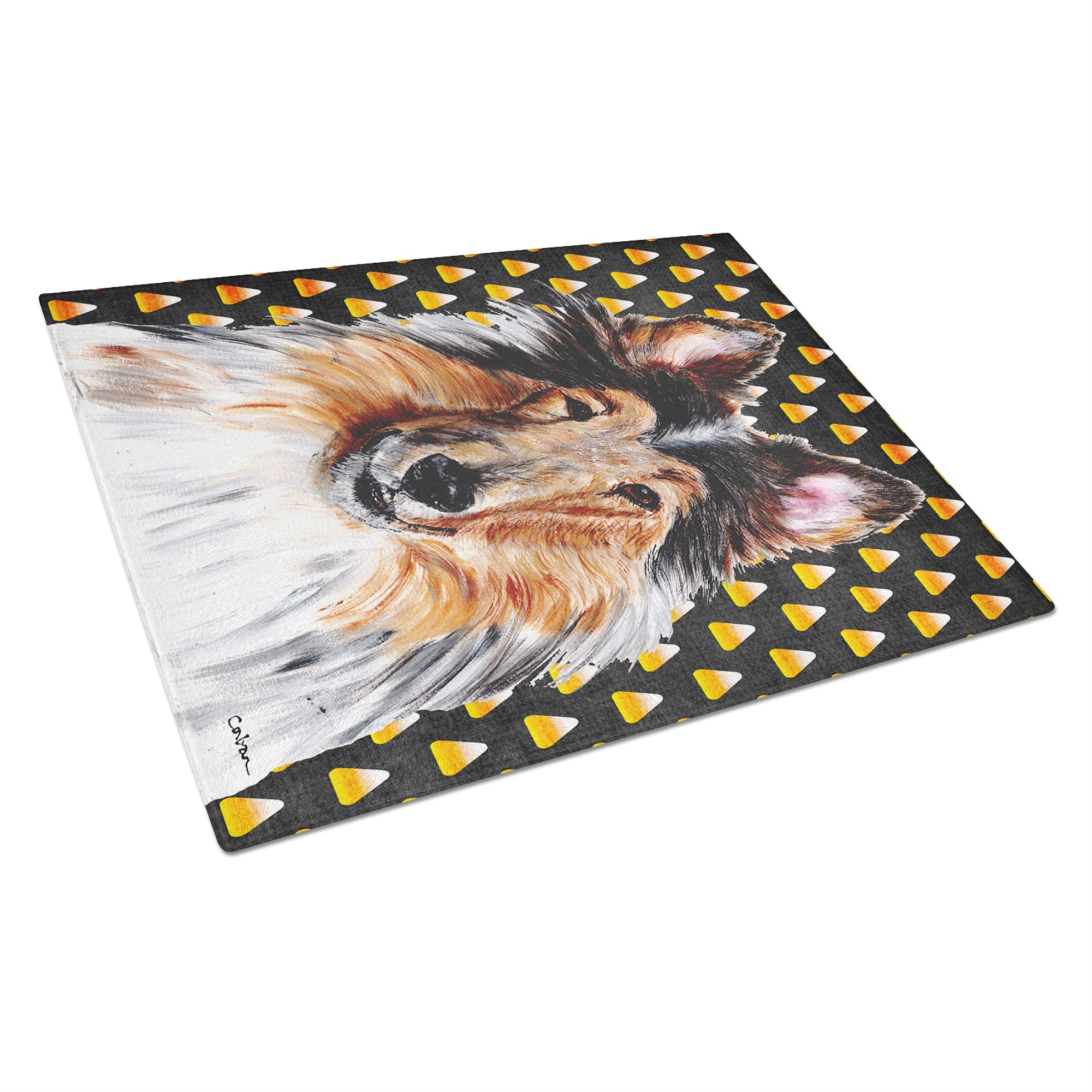 Collie Candy Corn Halloween Glass Cutting Board Large