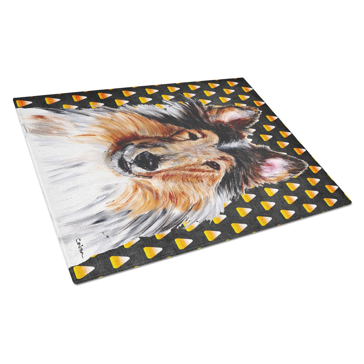 Collie Candy Corn Halloween Glass Cutting Board Large