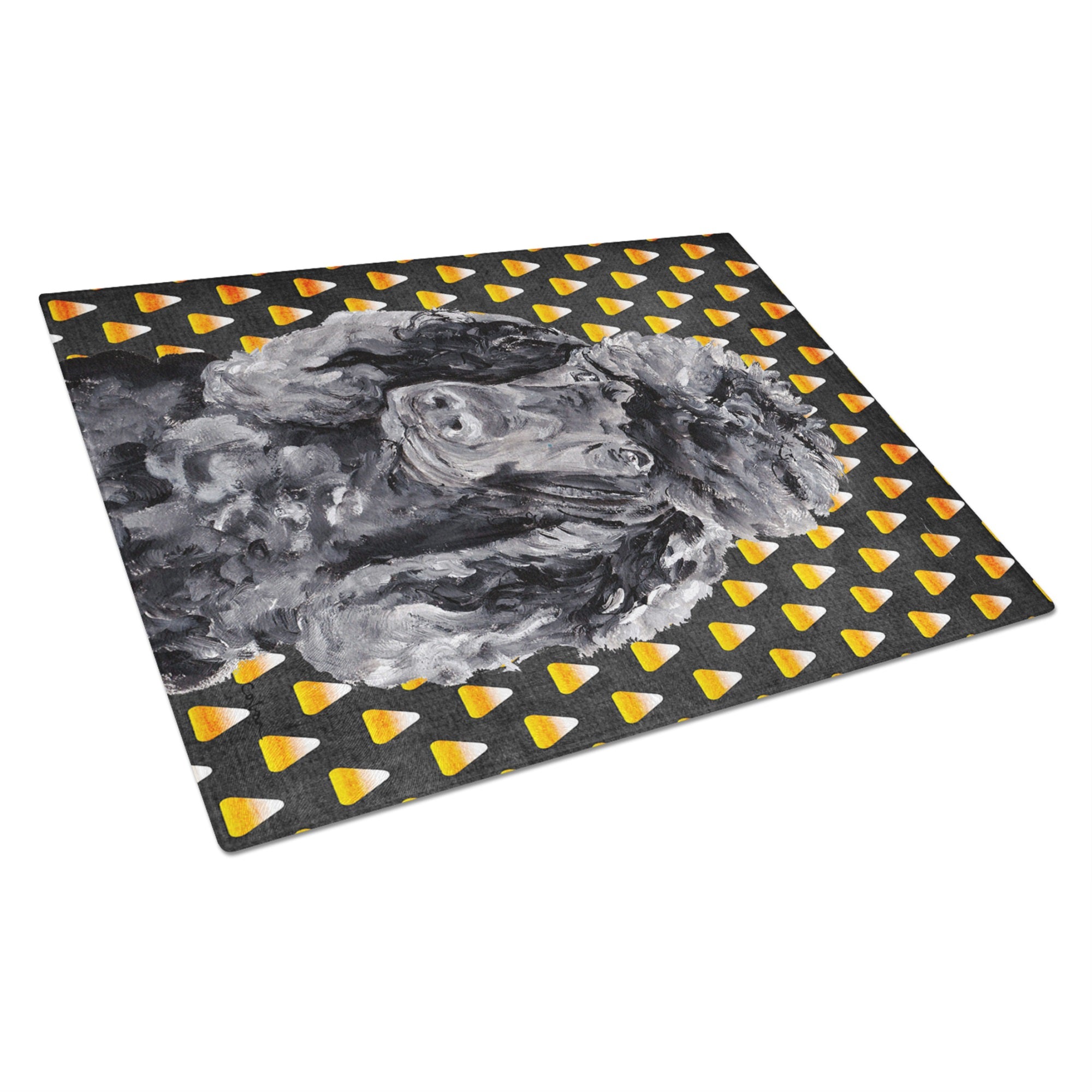 Black Standard Poodle Candy Corn Halloween Glass Cutting Board Large