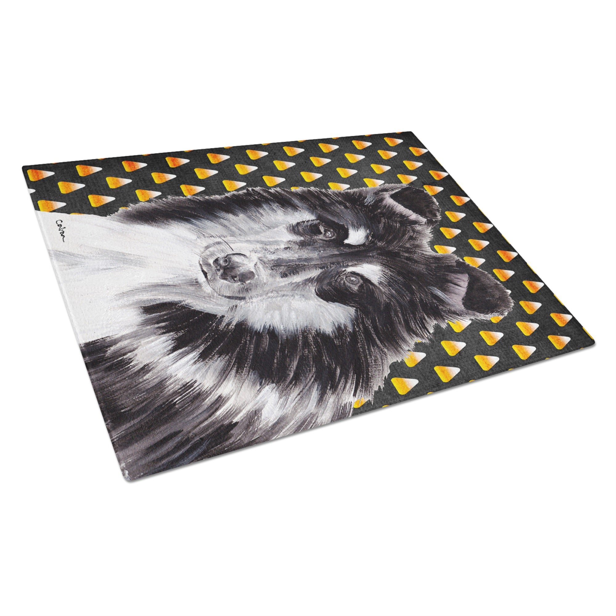 Black And White Collie Candy Corn Halloween Glass Cutting Board Large