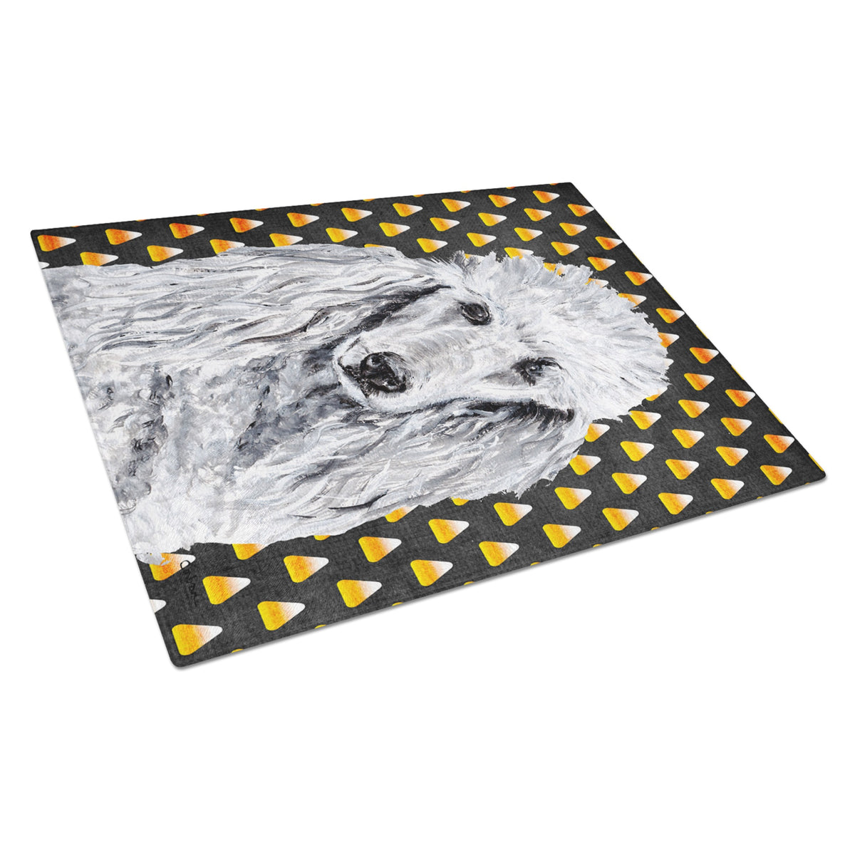 White Standard Poodle Candy Corn Halloween Glass Cutting Board Large