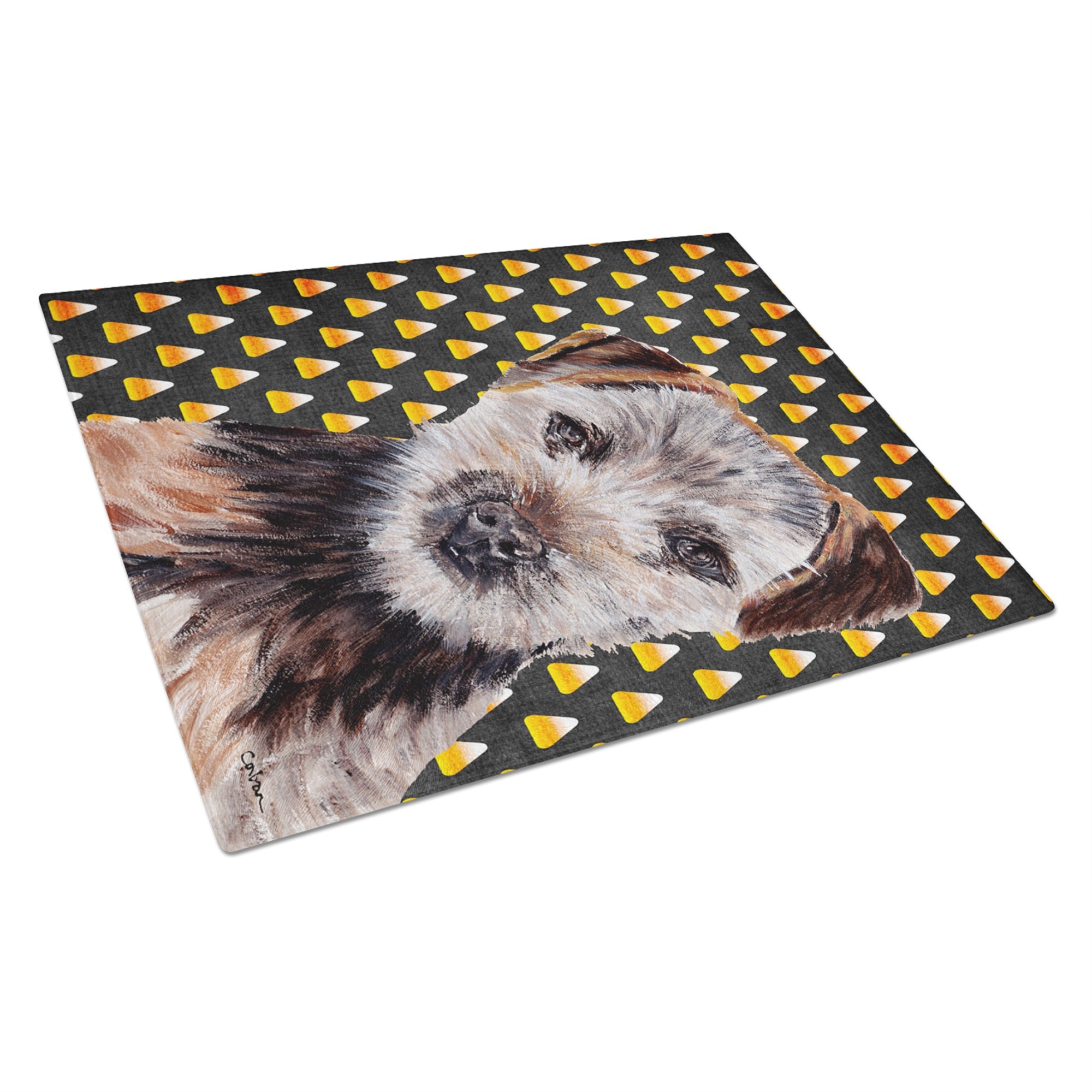Norfolk Terrier Puppy Candy Corn Halloween Glass Cutting Board Large