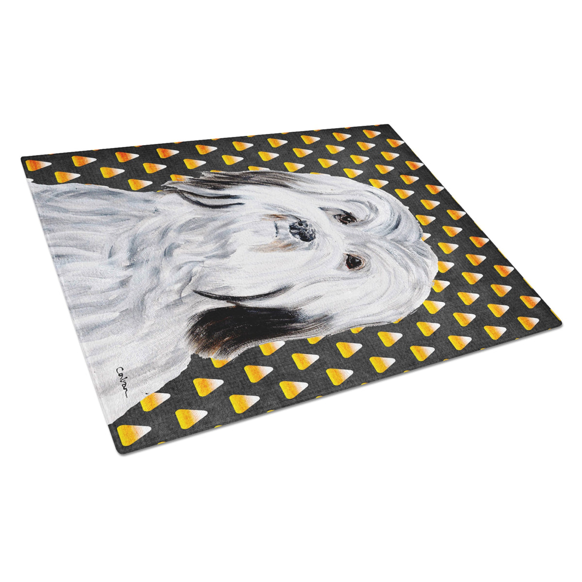 Havanese Candy Corn Halloween Glass Cutting Board Large