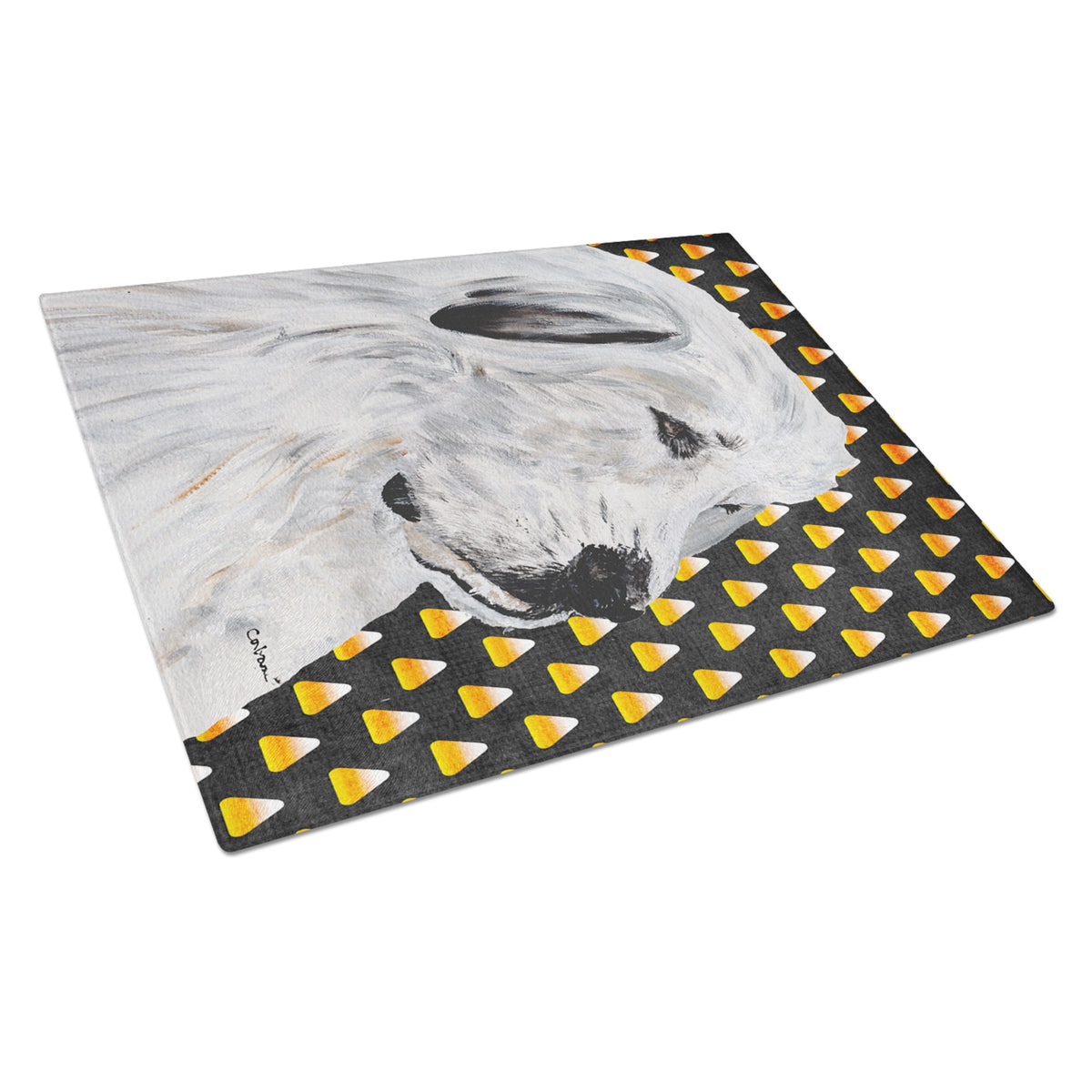 Great Pyrenees Candy Corn Halloween Glass Cutting Board Large