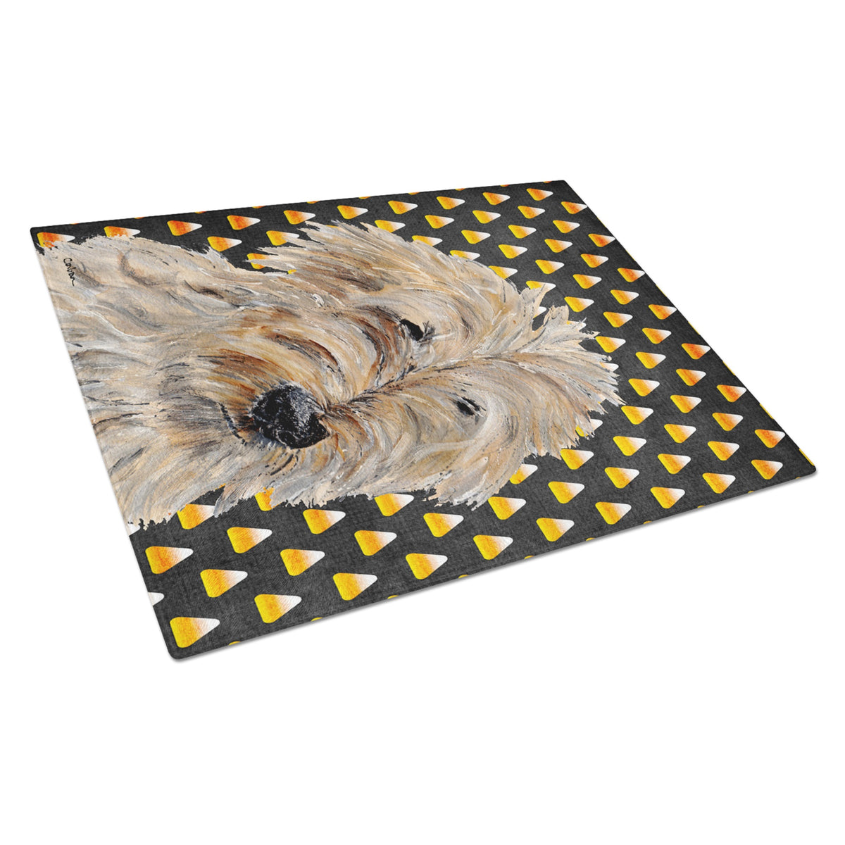 Golden Doodle 2 Candy Corn Halloween Glass Cutting Board Large