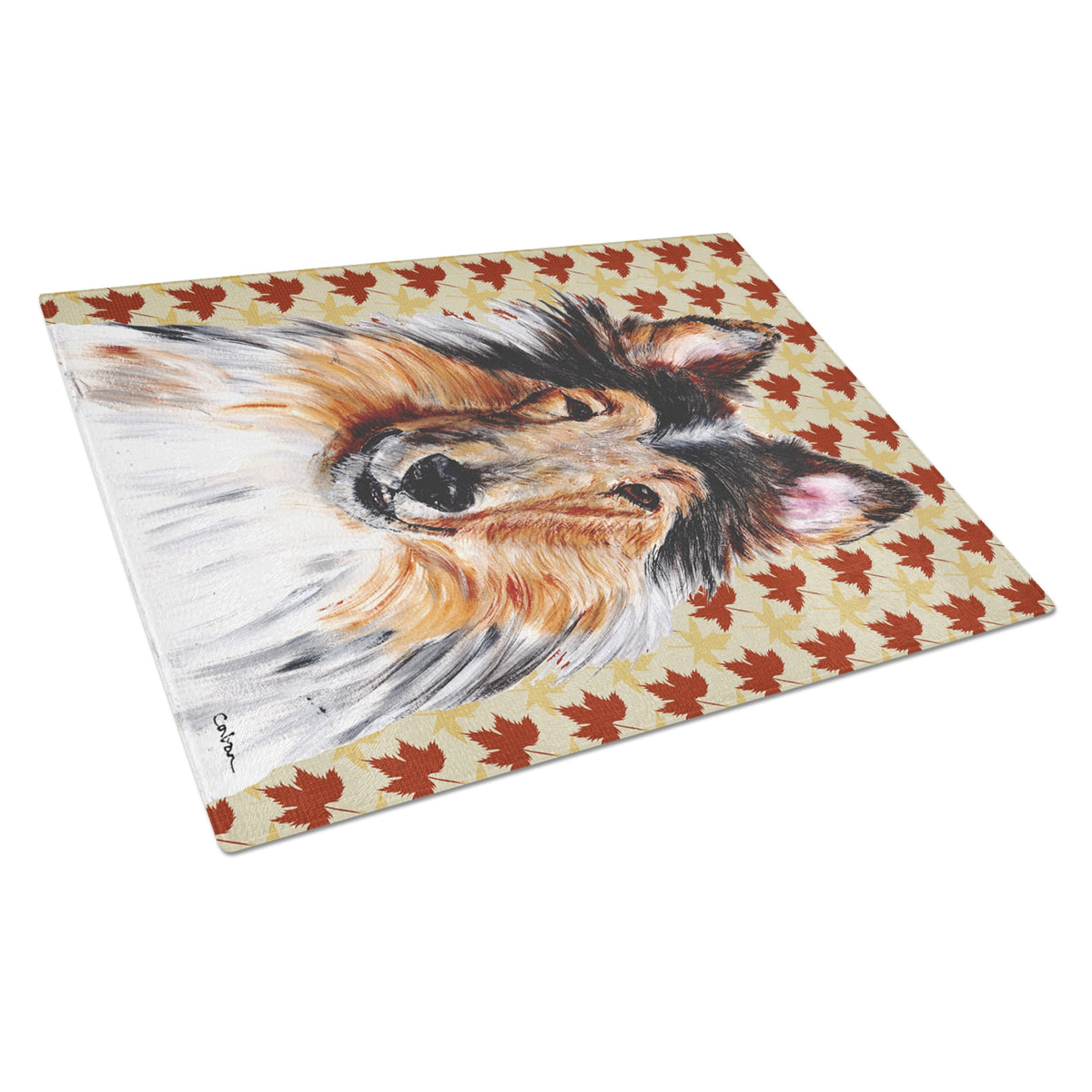 Collie Fall Leaves Glass Cutting Board Large