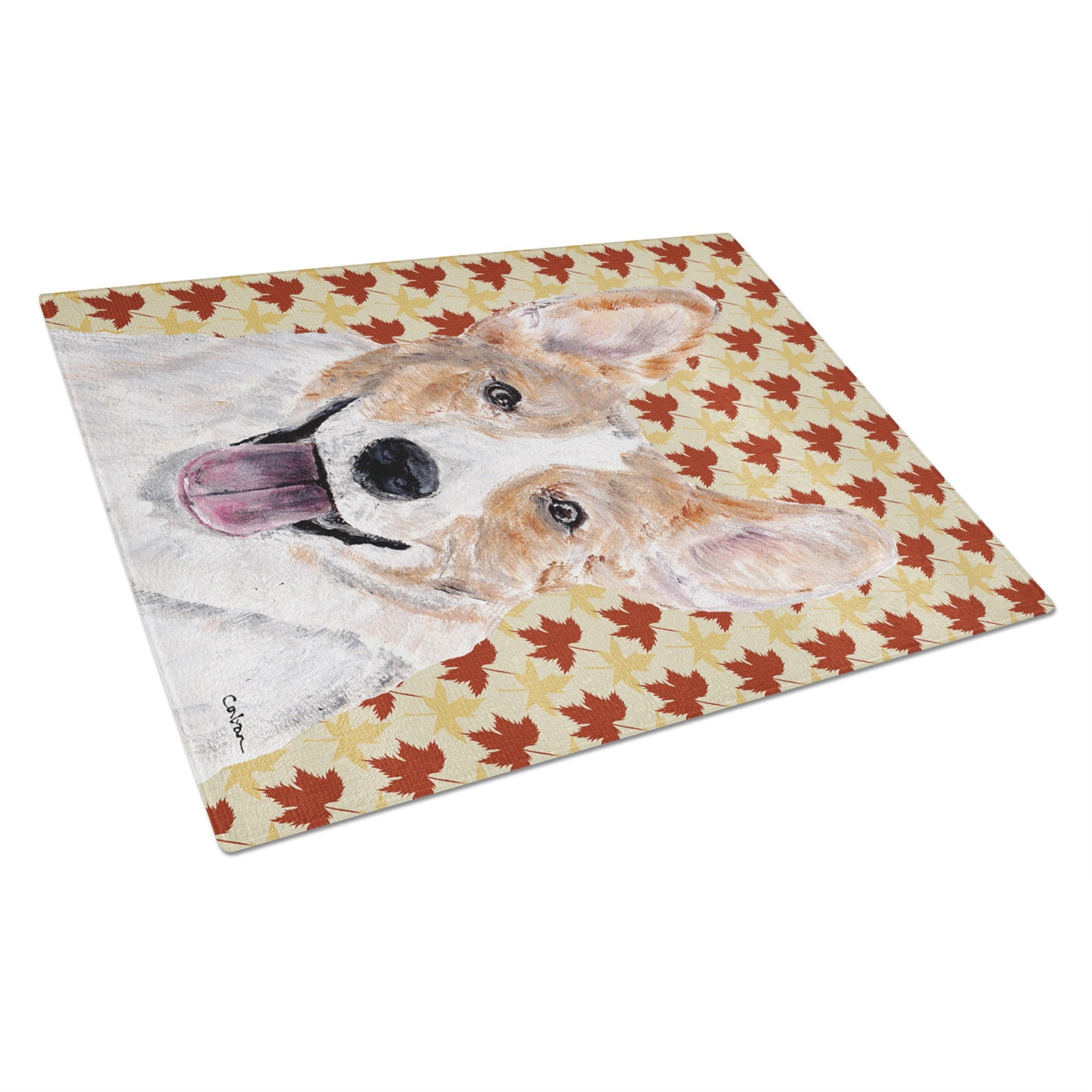 Cardigan Corgi Fall Leaves Glass Cutting Board Large