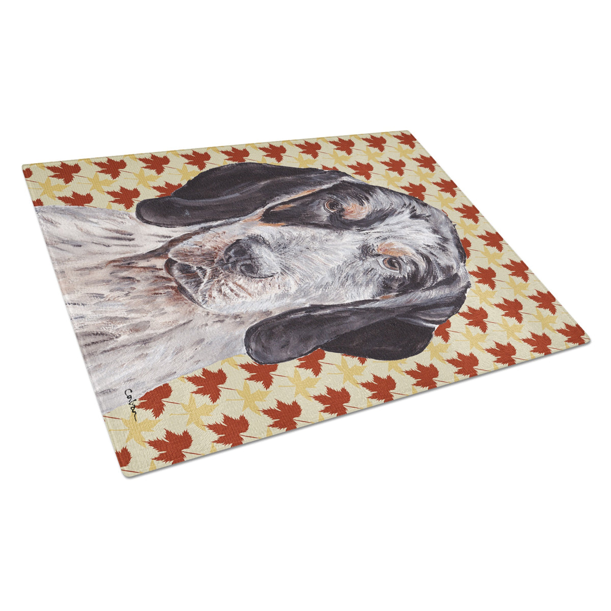 Blue Tick Coonhound Fall Leaves Glass Cutting Board Large