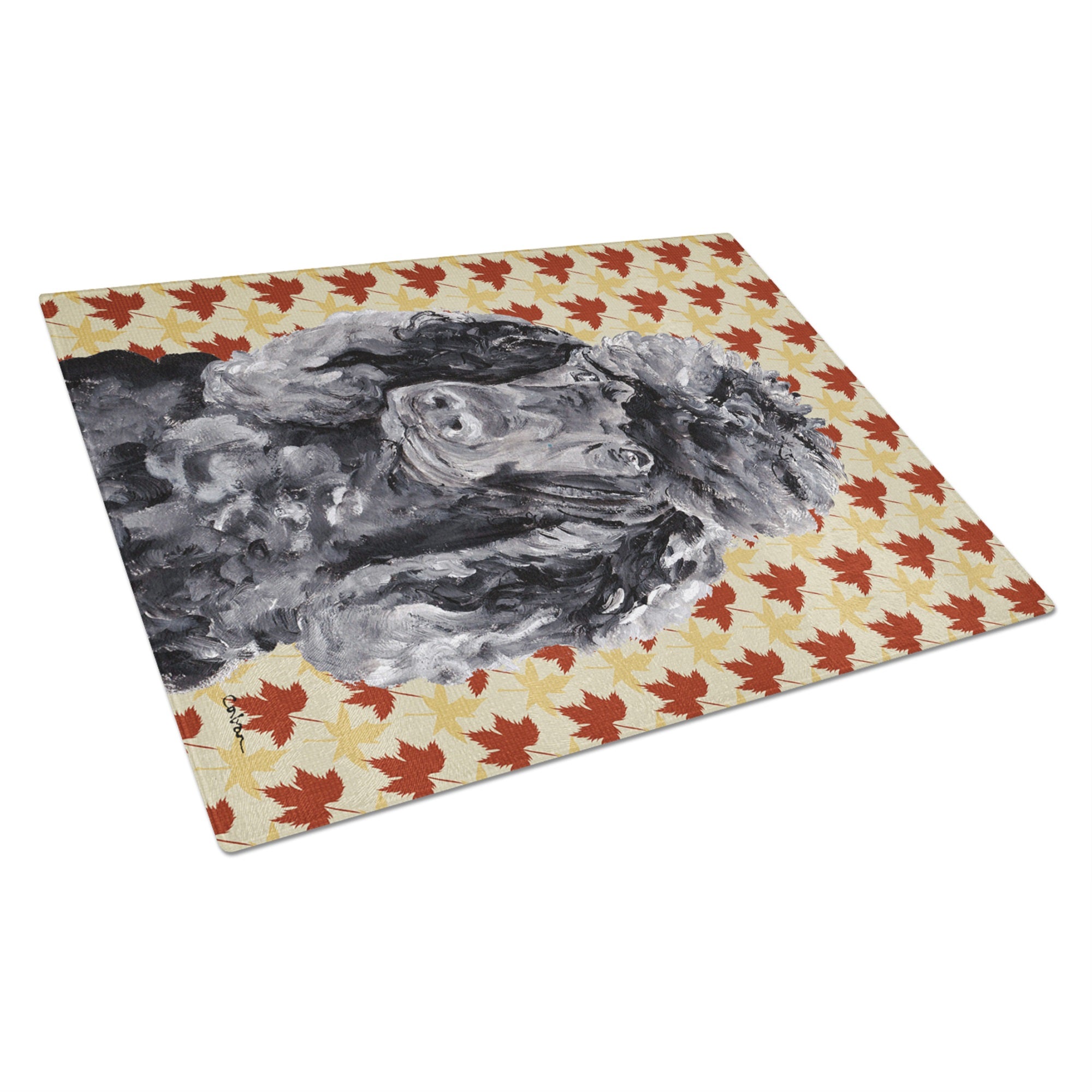 Black Standard Poodle Fall Leaves Glass Cutting Board Large
